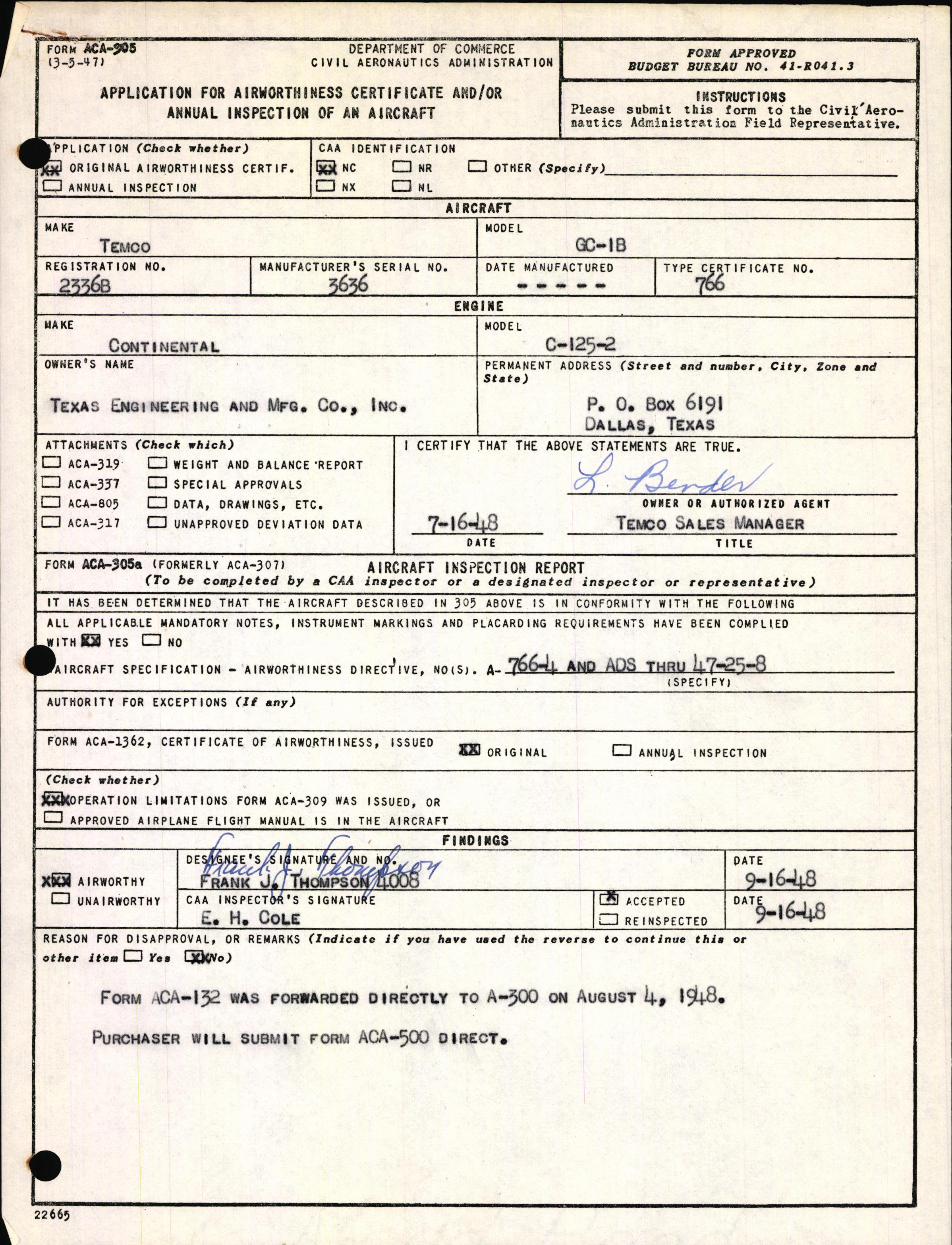 Sample page 1 from AirCorps Library document: Technical Information for Serial Number 3636