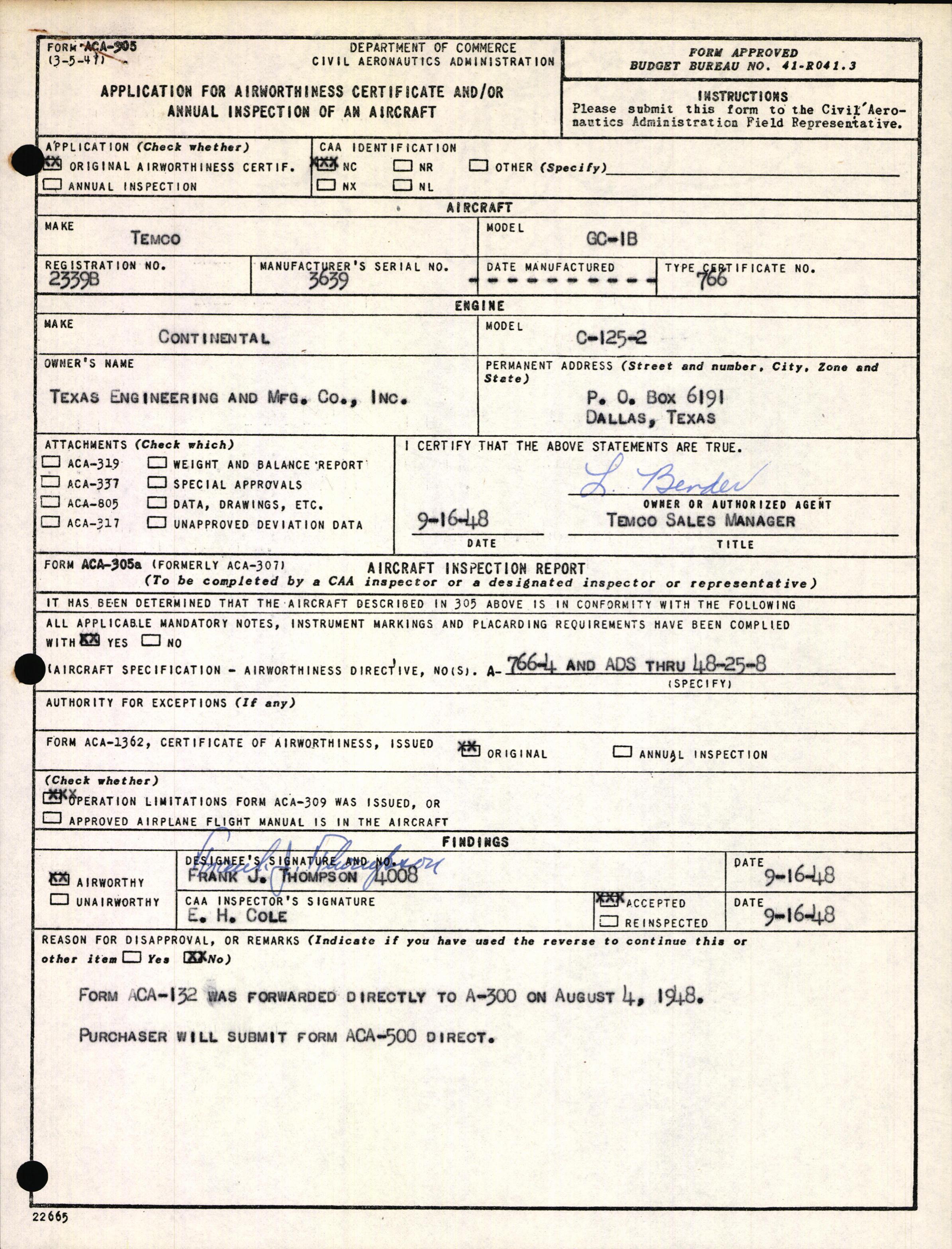 Sample page 1 from AirCorps Library document: Technical Information for Serial Number 3639