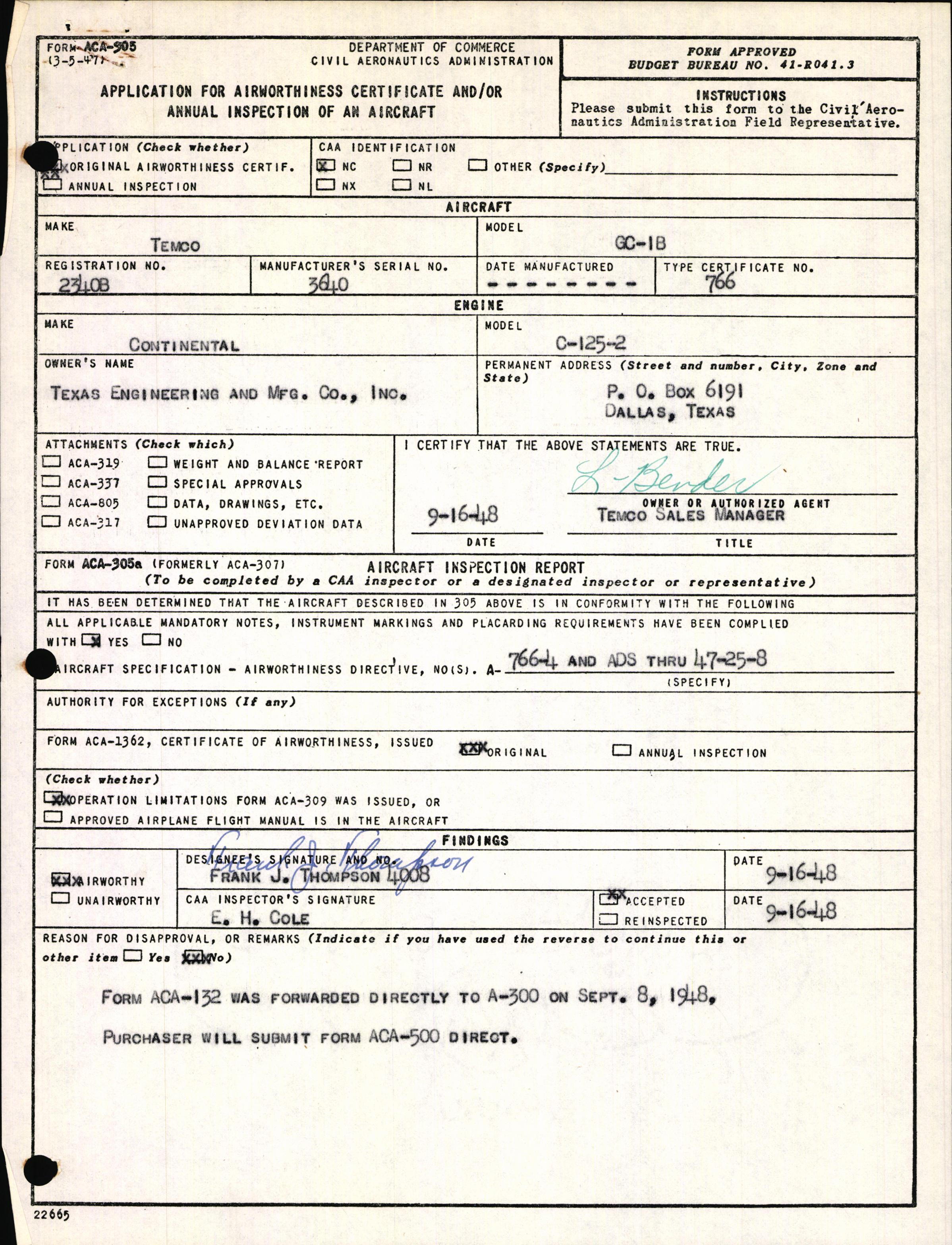 Sample page 1 from AirCorps Library document: Technical Information for Serial Number 3640