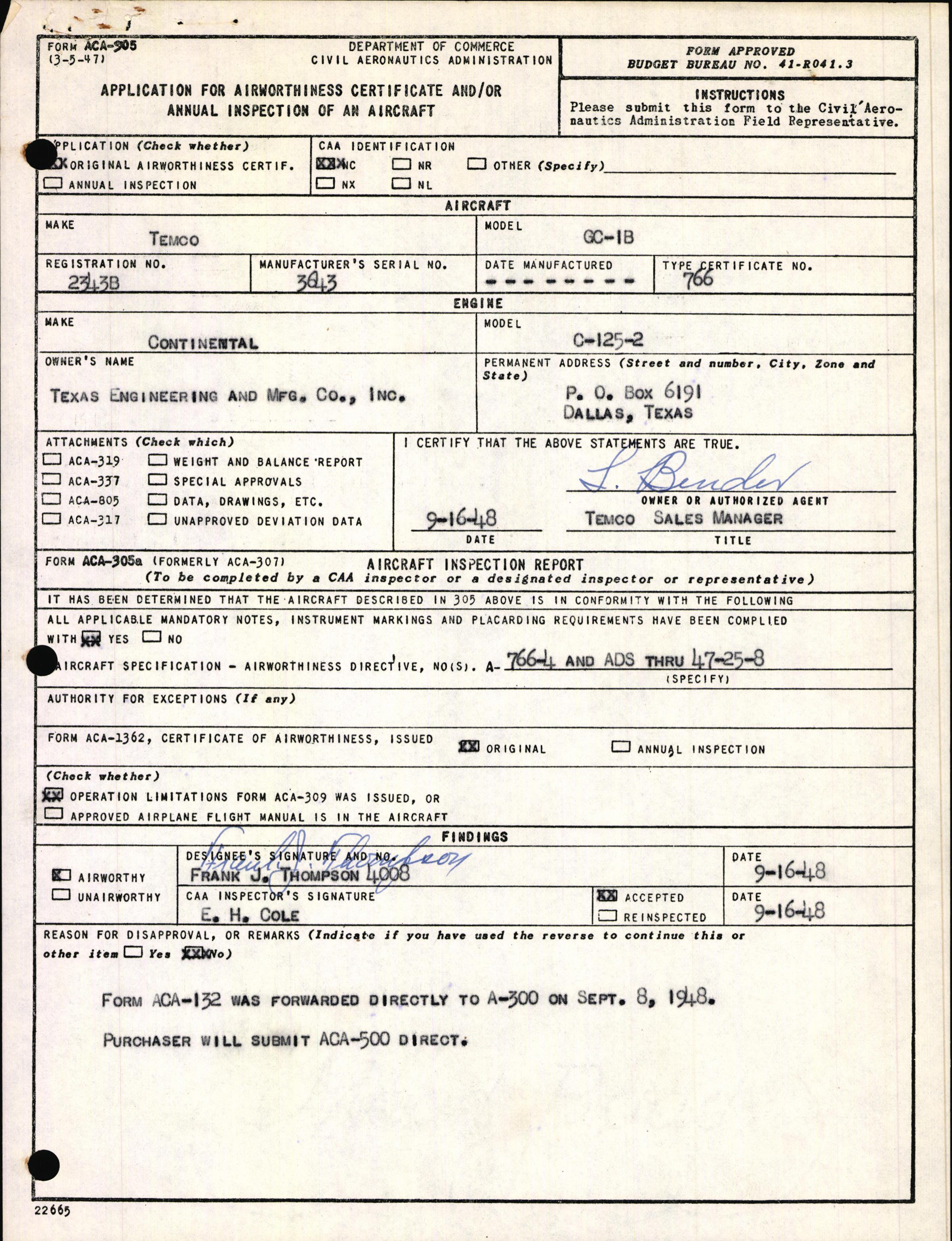 Sample page 1 from AirCorps Library document: Technical Information for Serial Number 3643