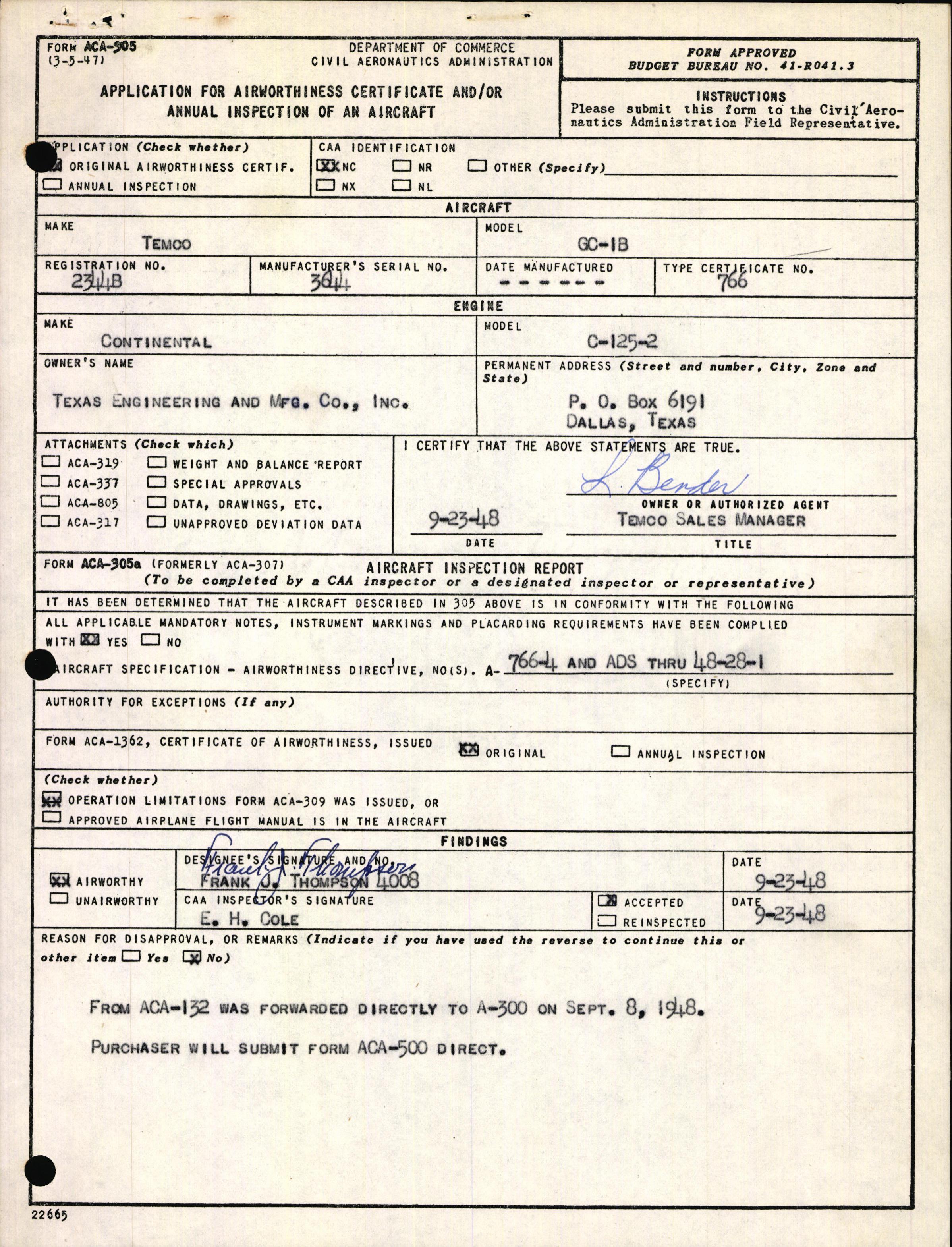 Sample page 1 from AirCorps Library document: Technical Information for Serial Number 3644