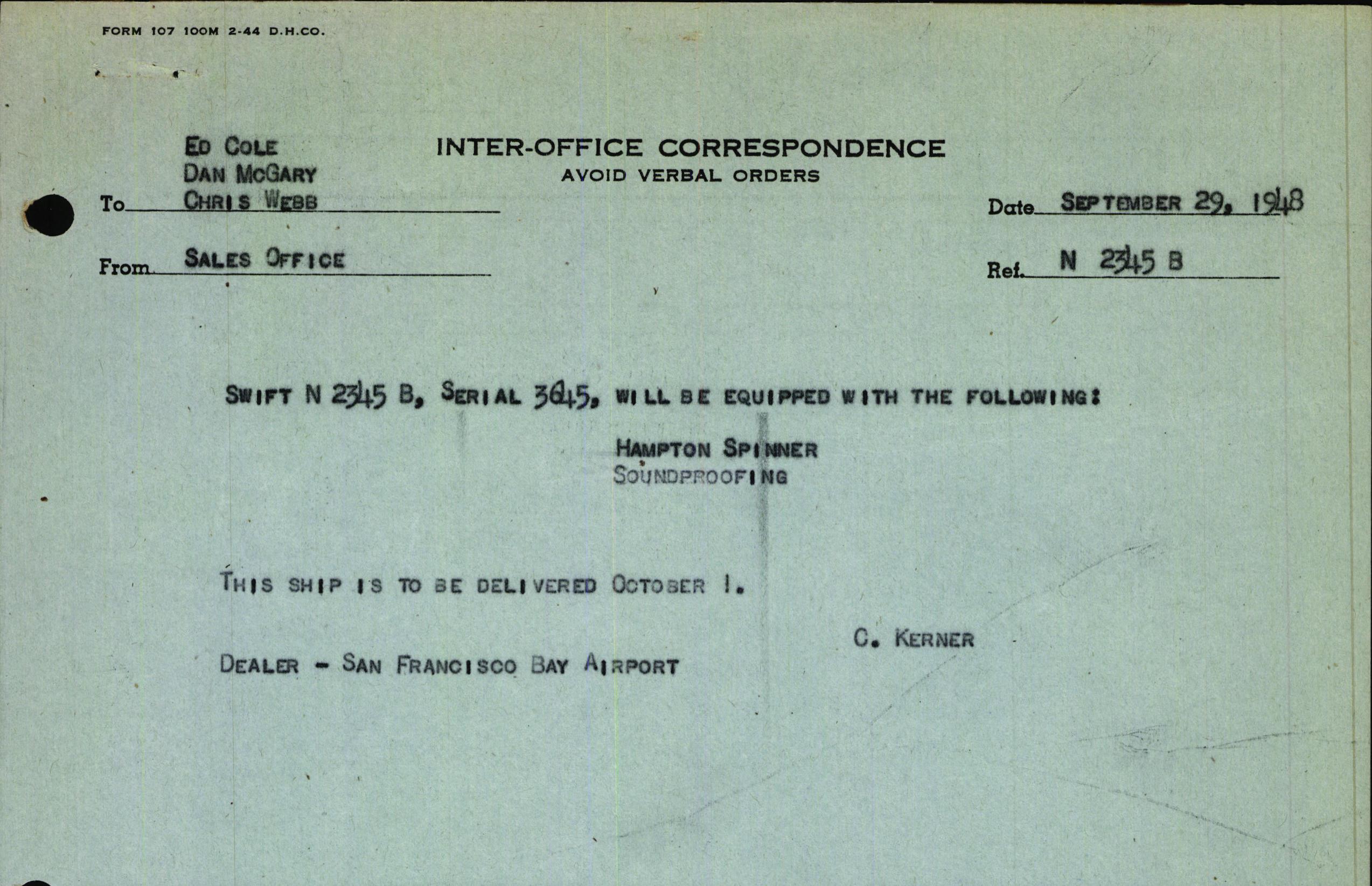 Sample page 1 from AirCorps Library document: Technical Information for Serial Number 3645