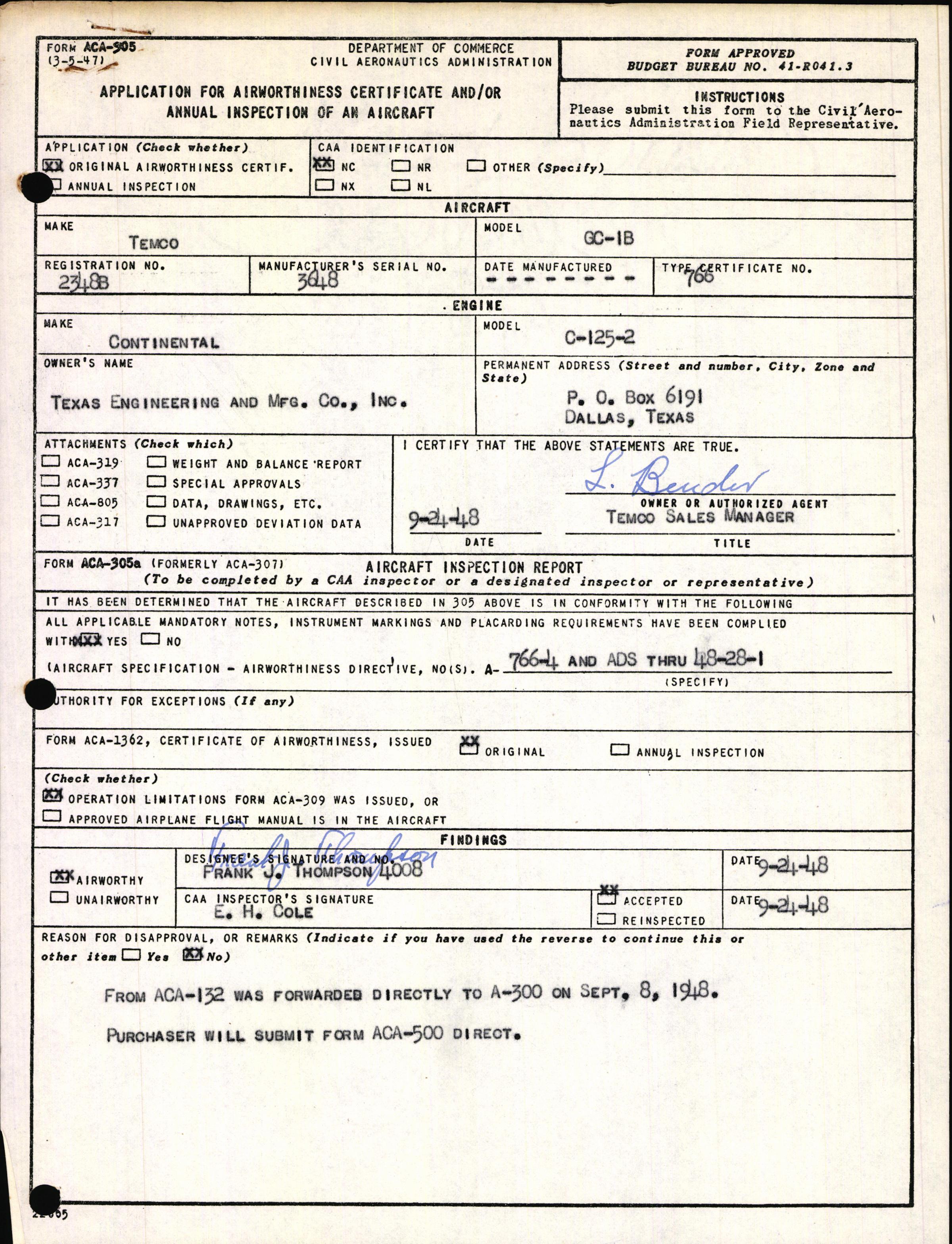 Sample page 1 from AirCorps Library document: Technical Information for Serial Number 3648