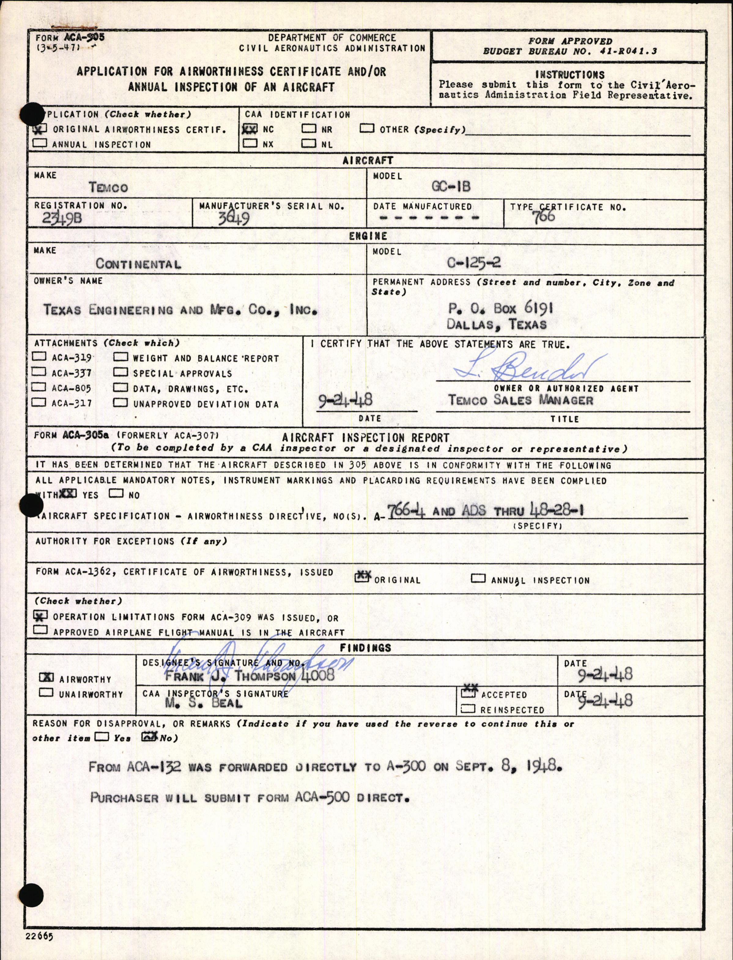 Sample page 1 from AirCorps Library document: Technical Information for Serial Number 3649