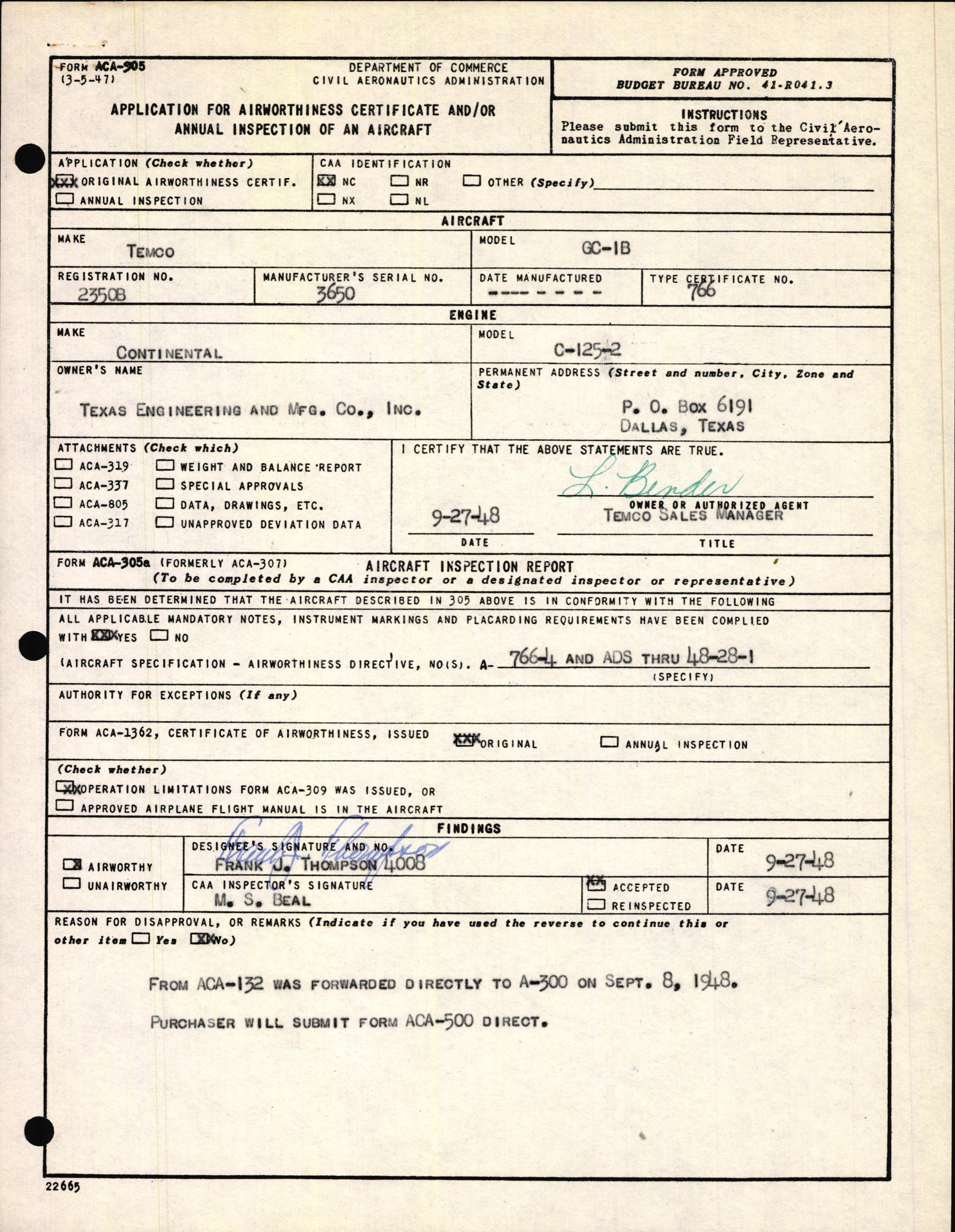 Sample page 1 from AirCorps Library document: Technical Information for Serial Number 3650