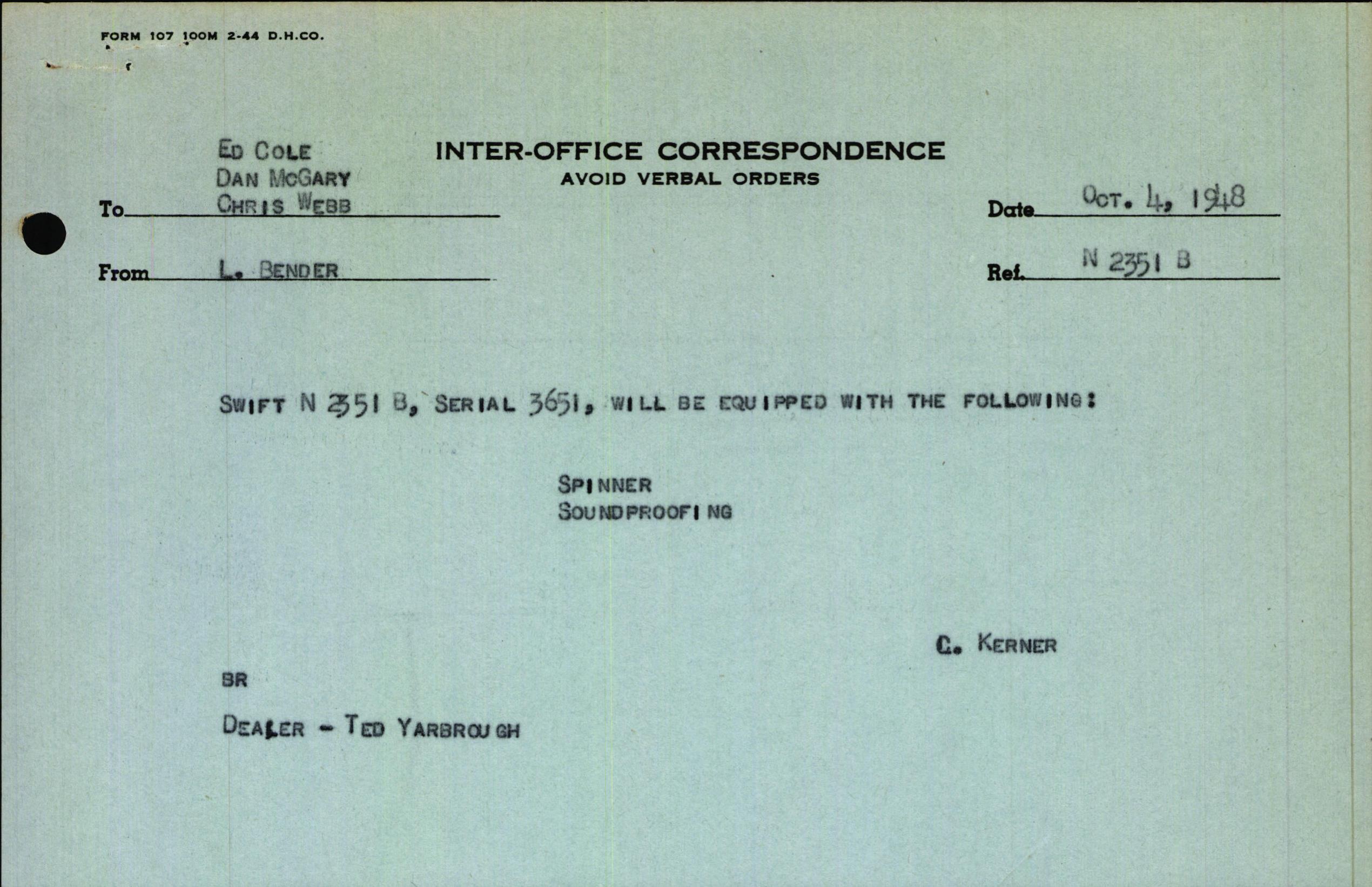 Sample page 1 from AirCorps Library document: Technical Information for Serial Number 3651