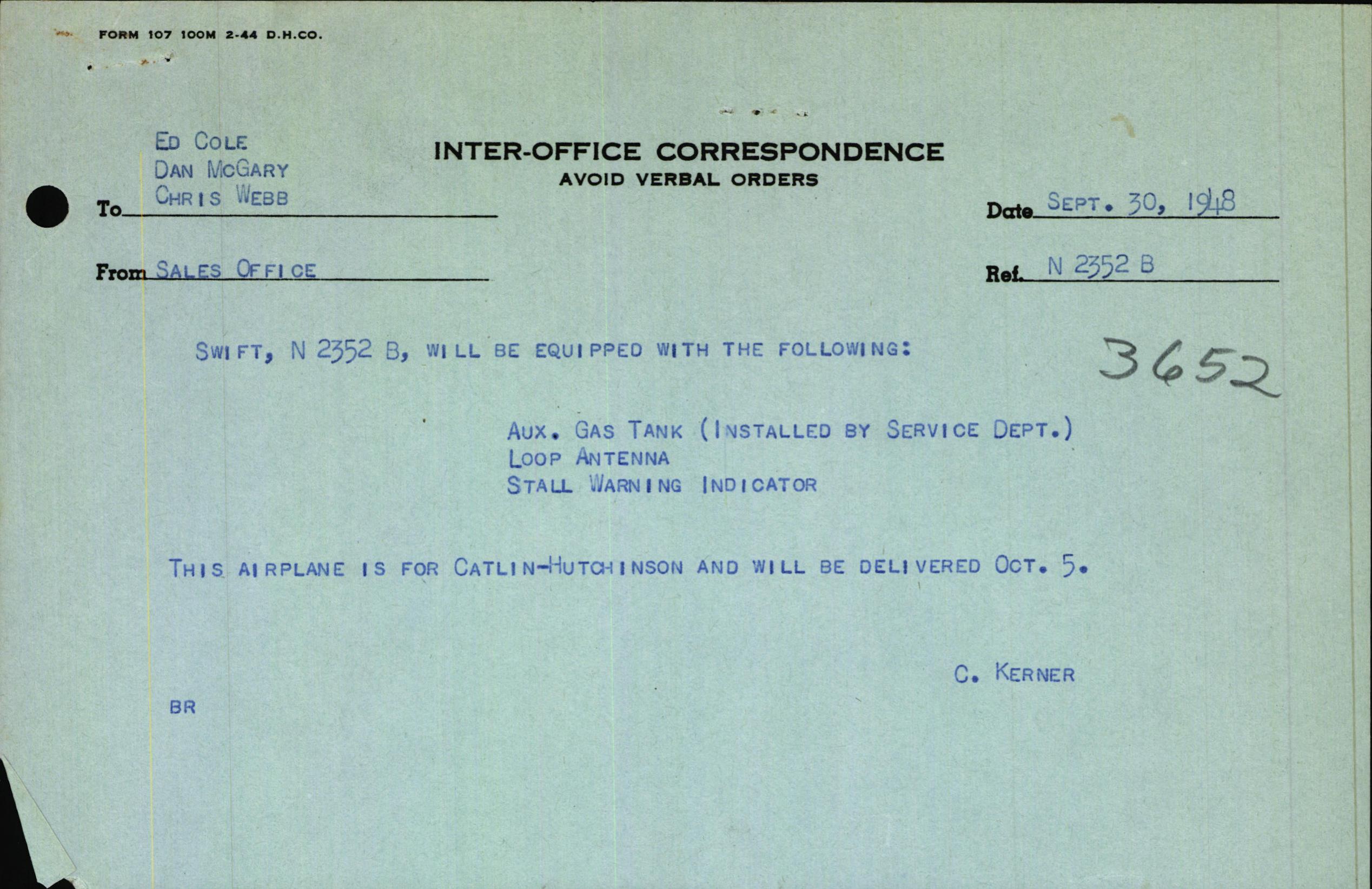 Sample page 1 from AirCorps Library document: Technical Information for Serial Number 3652