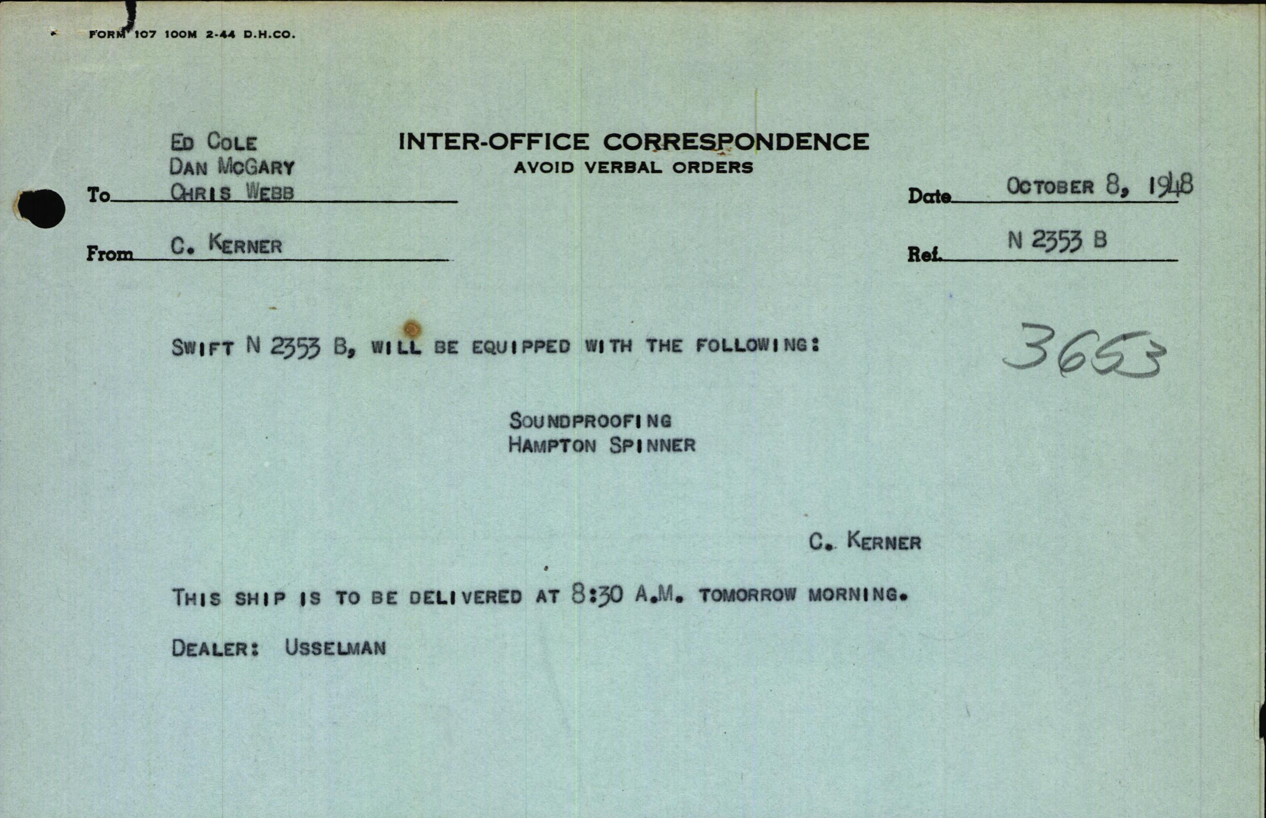 Sample page 1 from AirCorps Library document: Technical Information for Serial Number 3653