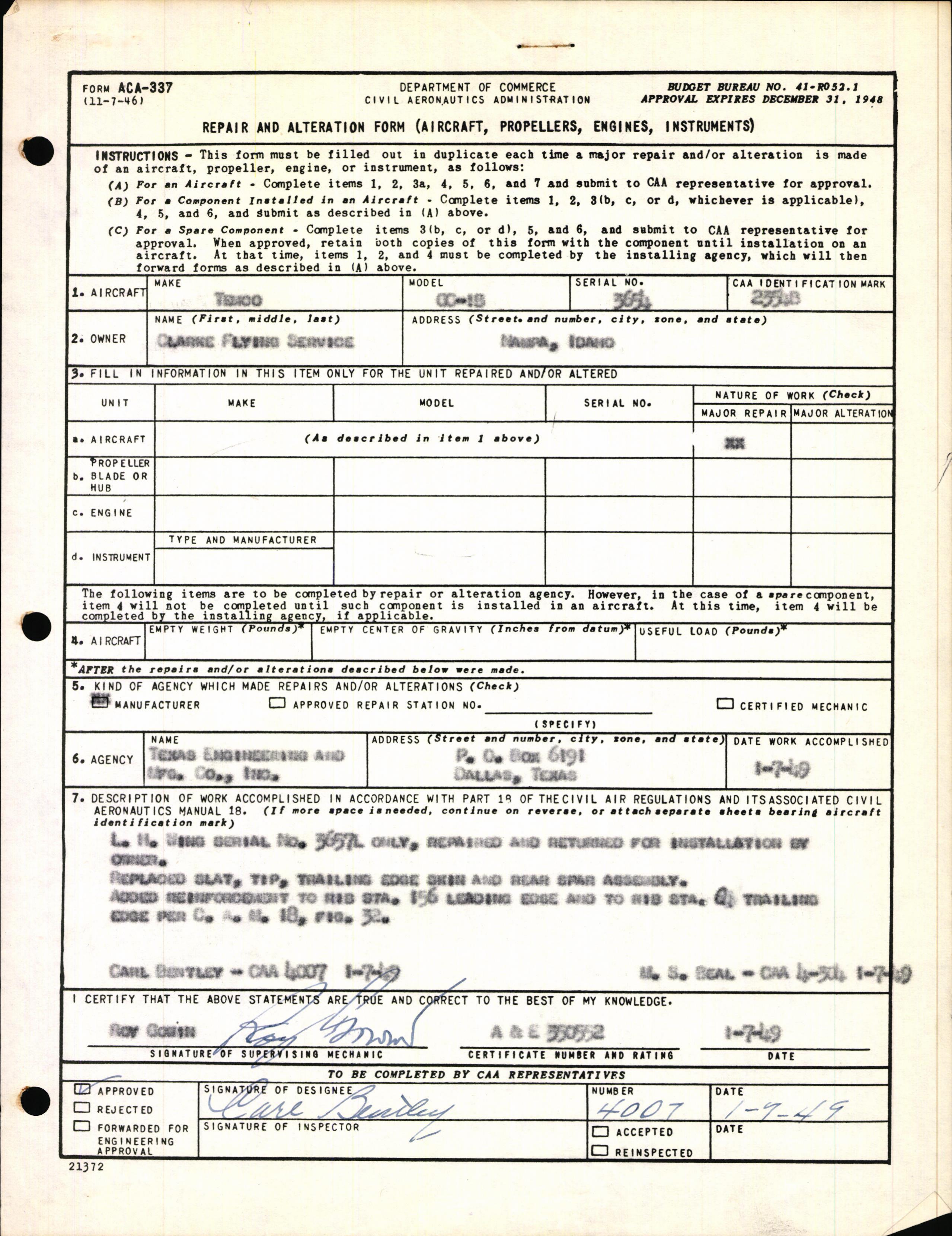 Sample page 1 from AirCorps Library document: Technical Information for Serial Number 3654