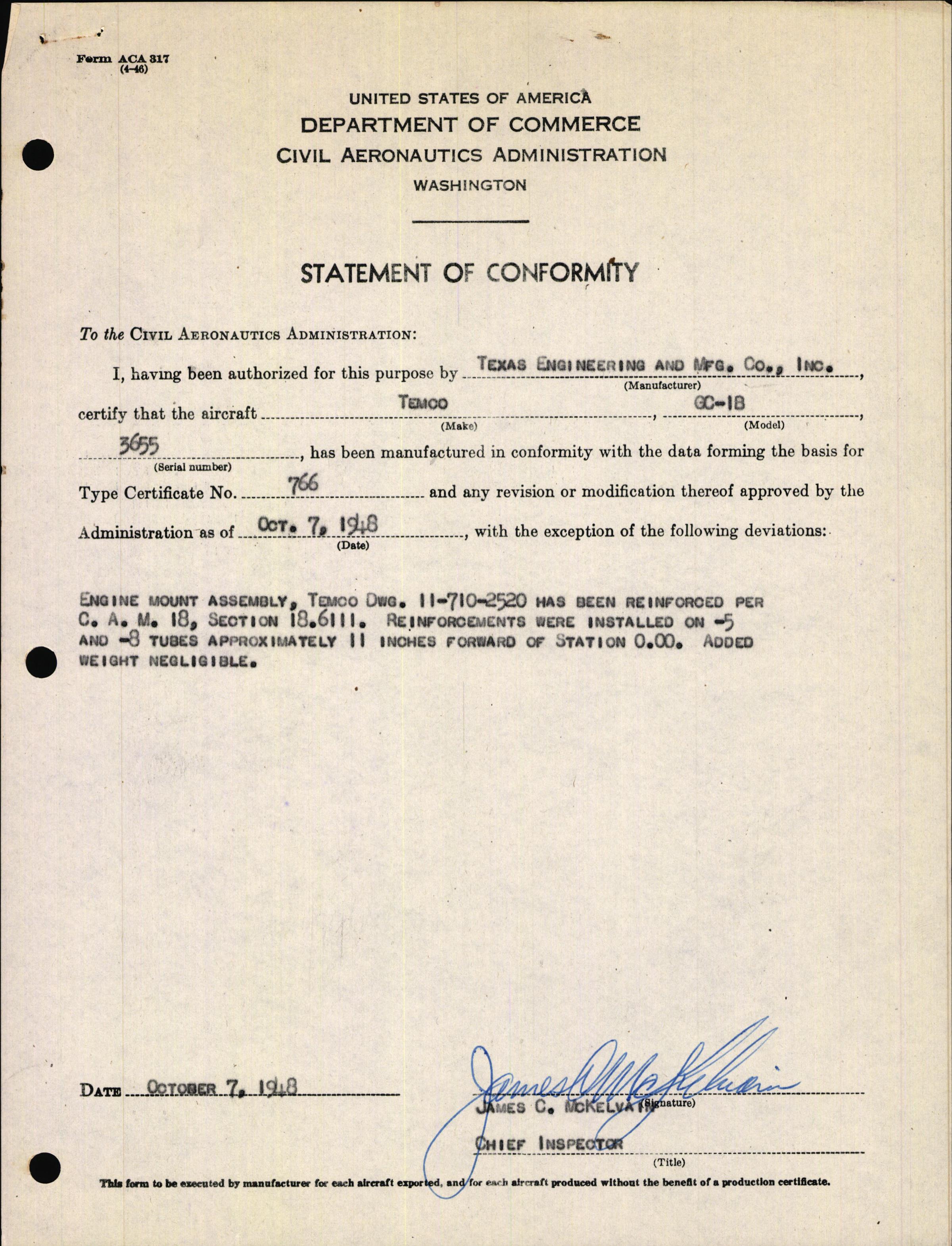 Sample page 1 from AirCorps Library document: Technical Information for Serial Number 3655