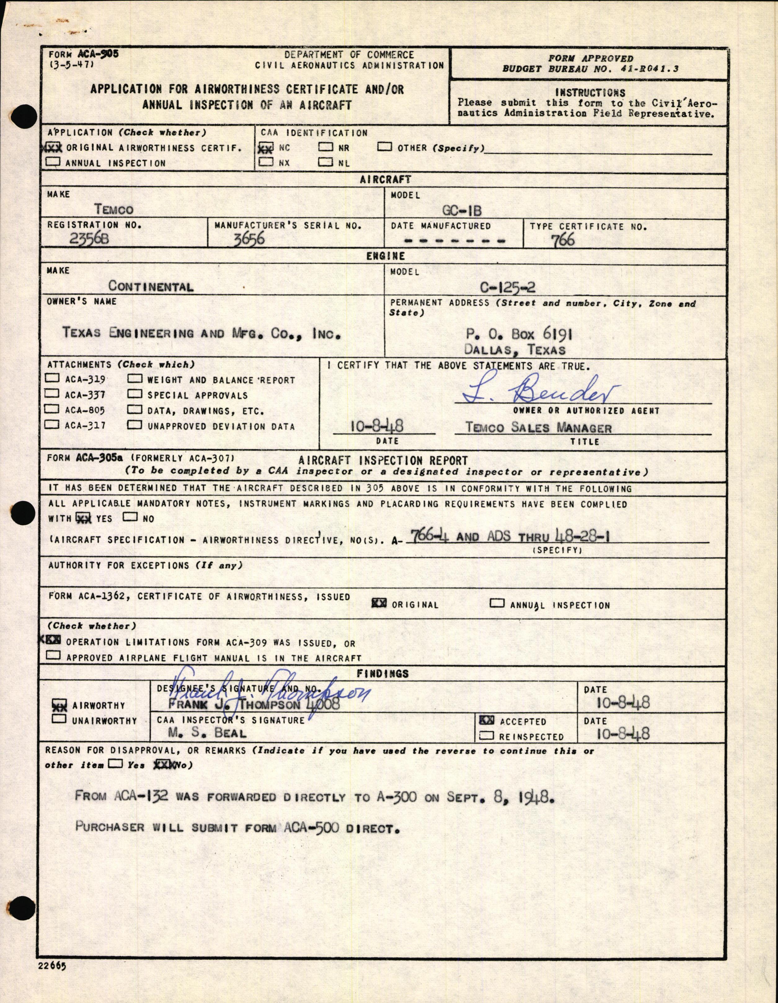 Sample page 1 from AirCorps Library document: Technical Information for Serial Number 3656