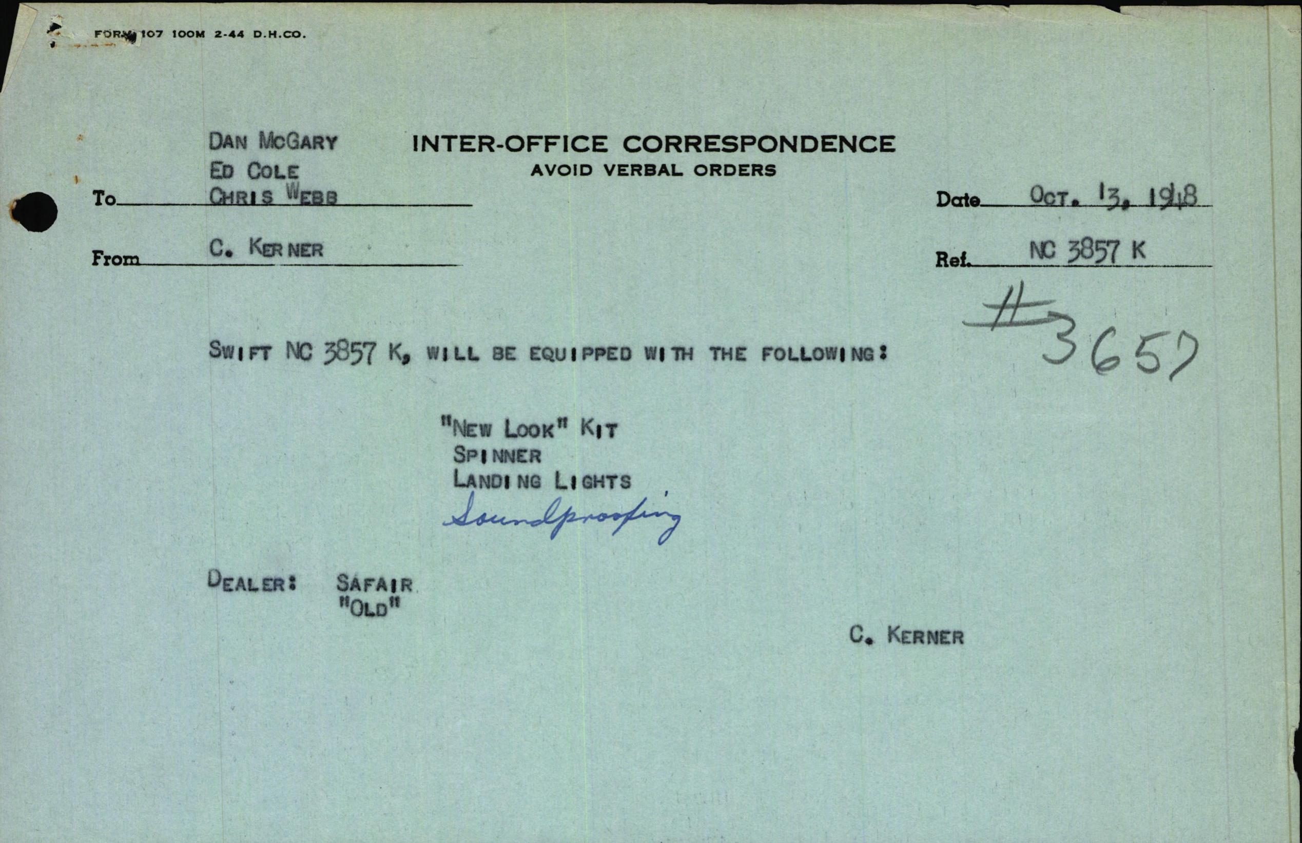 Sample page 1 from AirCorps Library document: Technical Information for Serial Number 3657