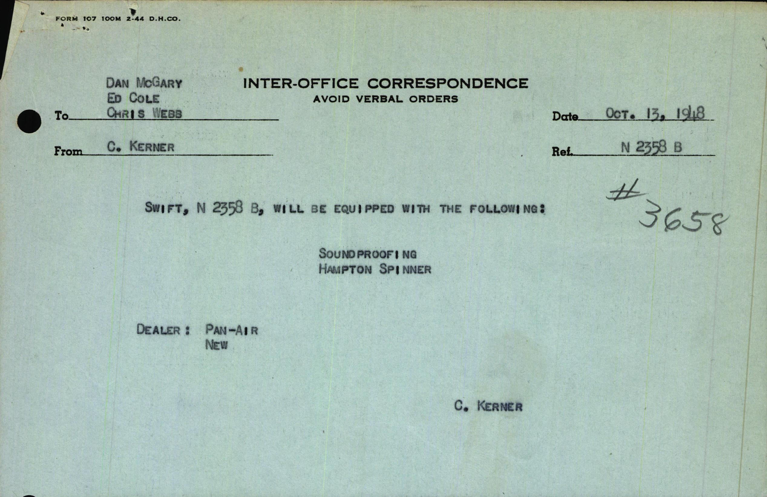 Sample page 1 from AirCorps Library document: Technical Information for Serial Number 3658