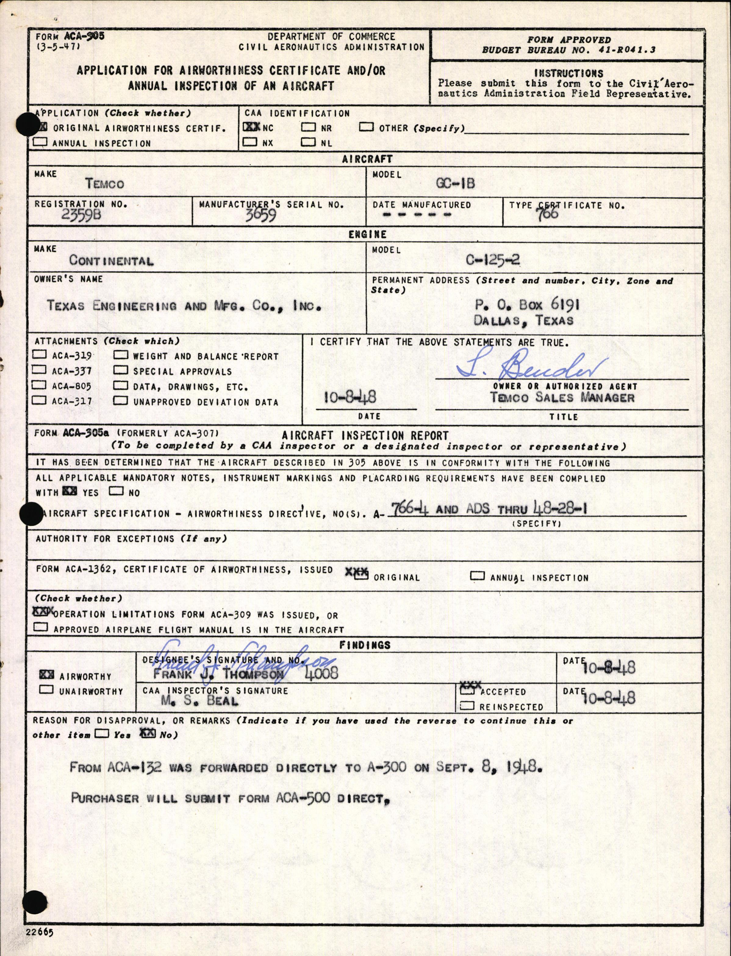 Sample page 1 from AirCorps Library document: Technical Information for Serial Number 3659