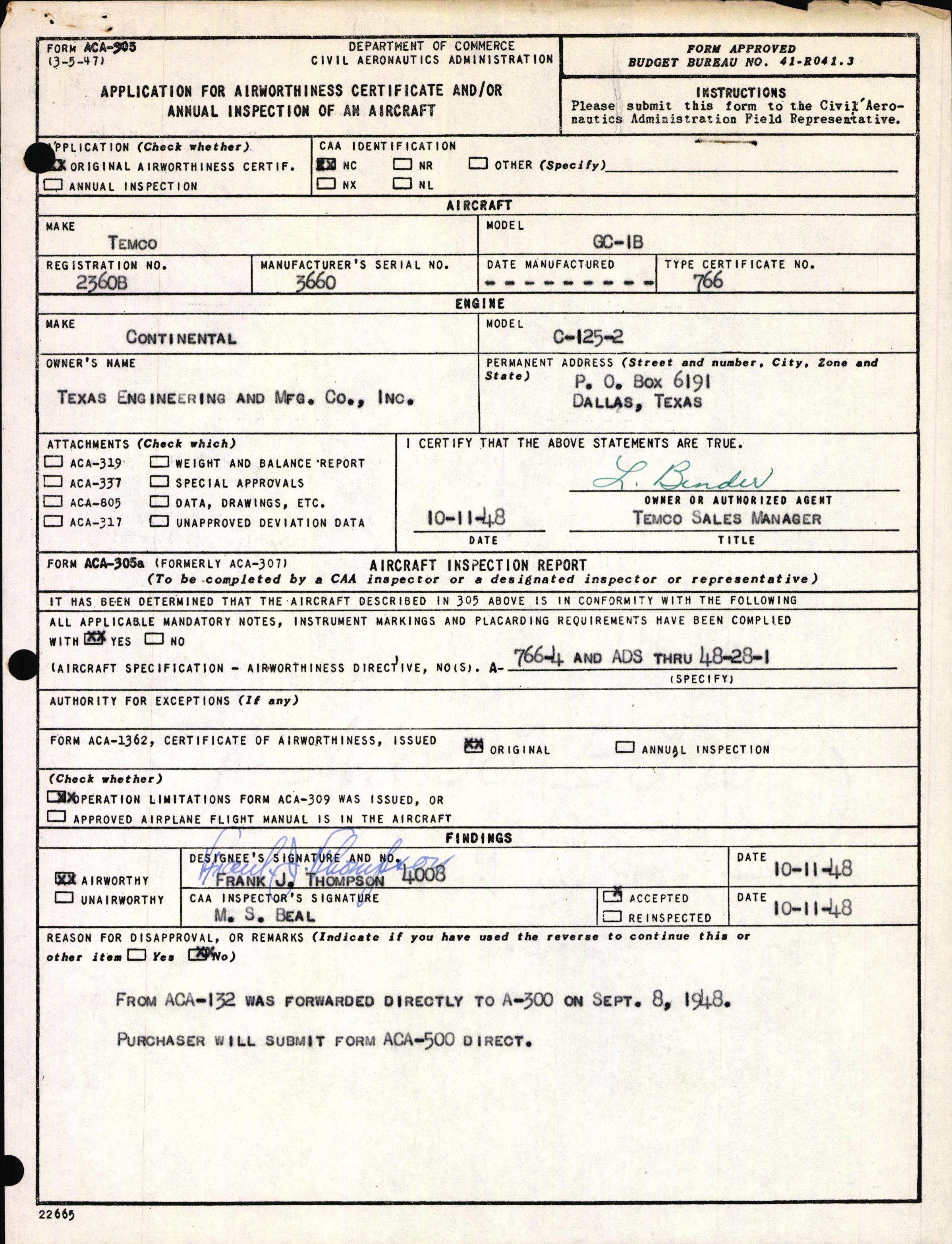 Sample page 1 from AirCorps Library document: Technical Information for Serial Number 3660