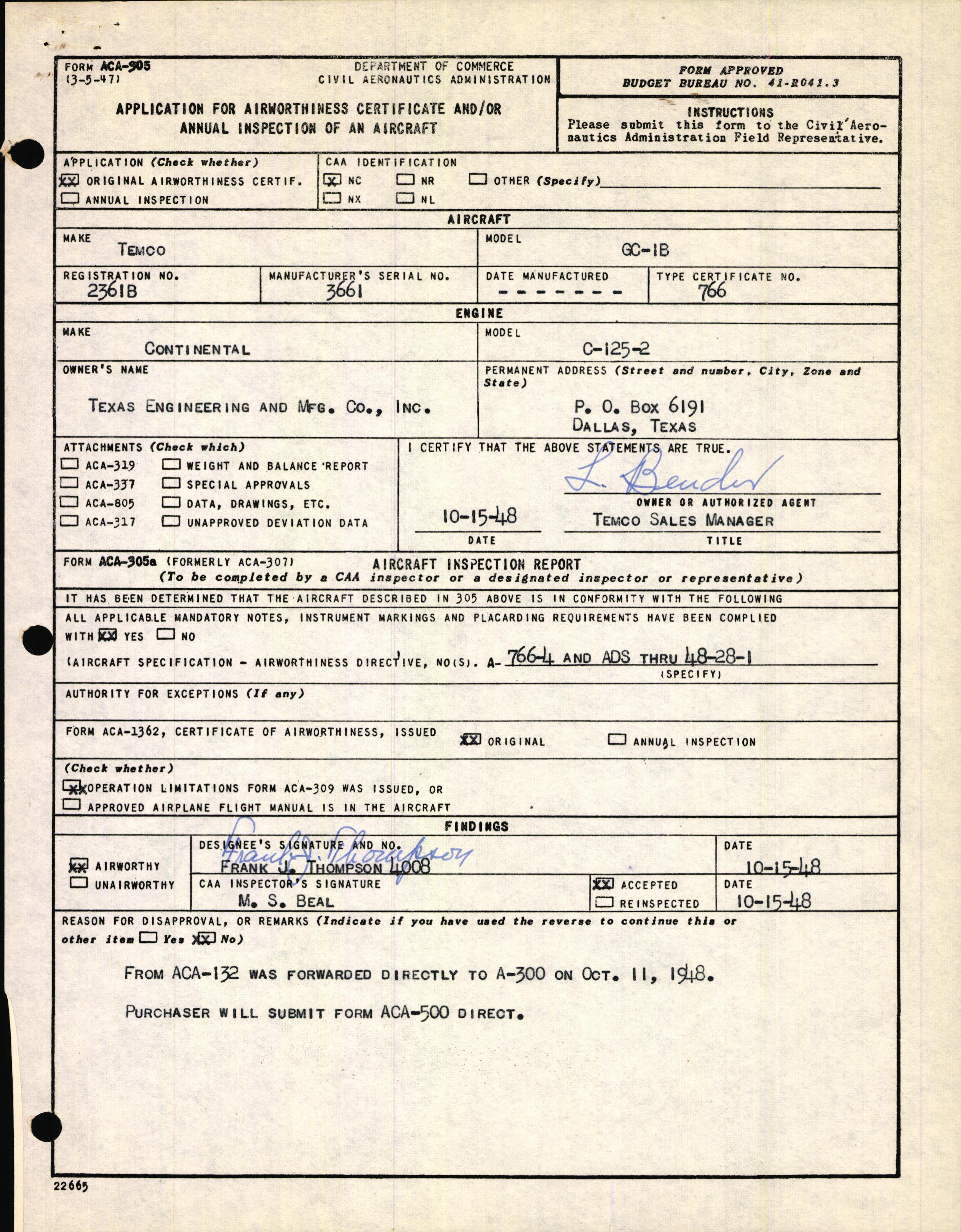 Sample page 1 from AirCorps Library document: Technical Information for Serial Number 3661