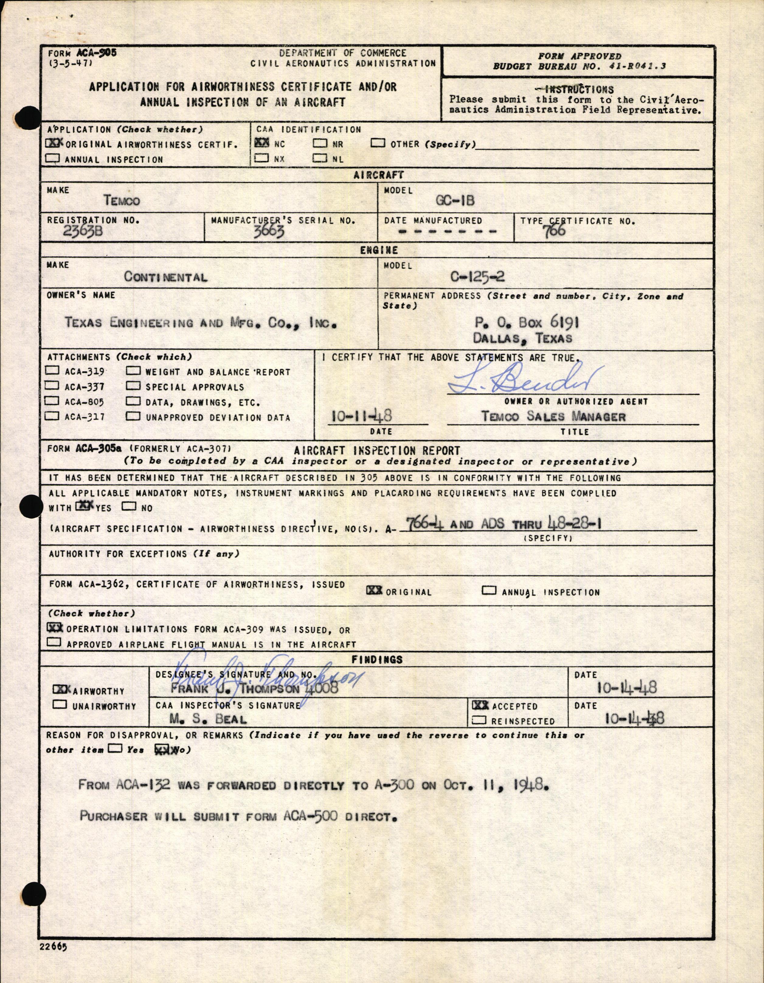 Sample page 1 from AirCorps Library document: Technical Information for Serial Number 3663