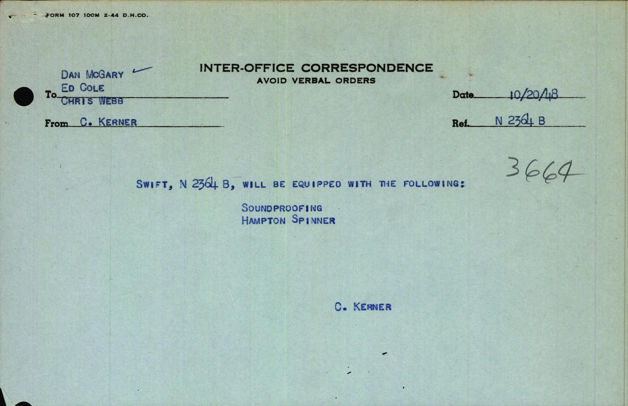 Sample page 1 from AirCorps Library document: Technical Information for Serial Number 3664