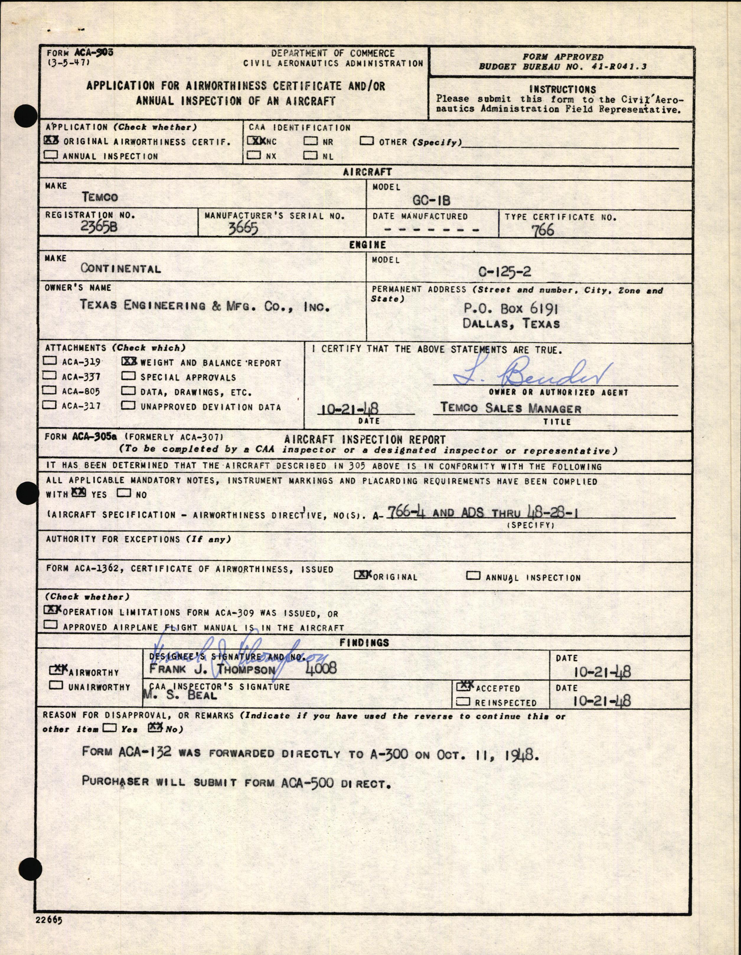 Sample page 1 from AirCorps Library document: Technical Information for Serial Number 3665