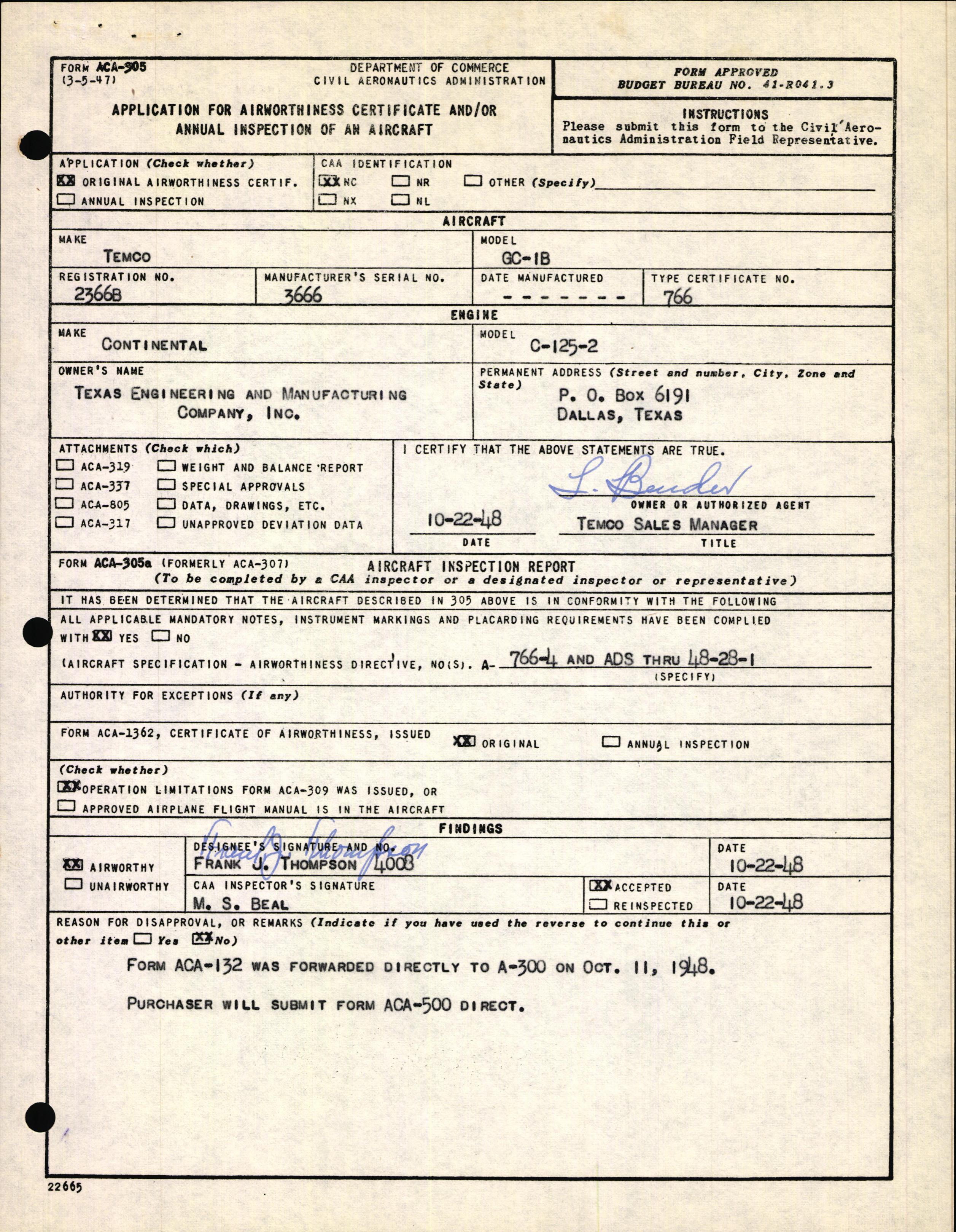 Sample page 1 from AirCorps Library document: Technical Information for Serial Number 3666