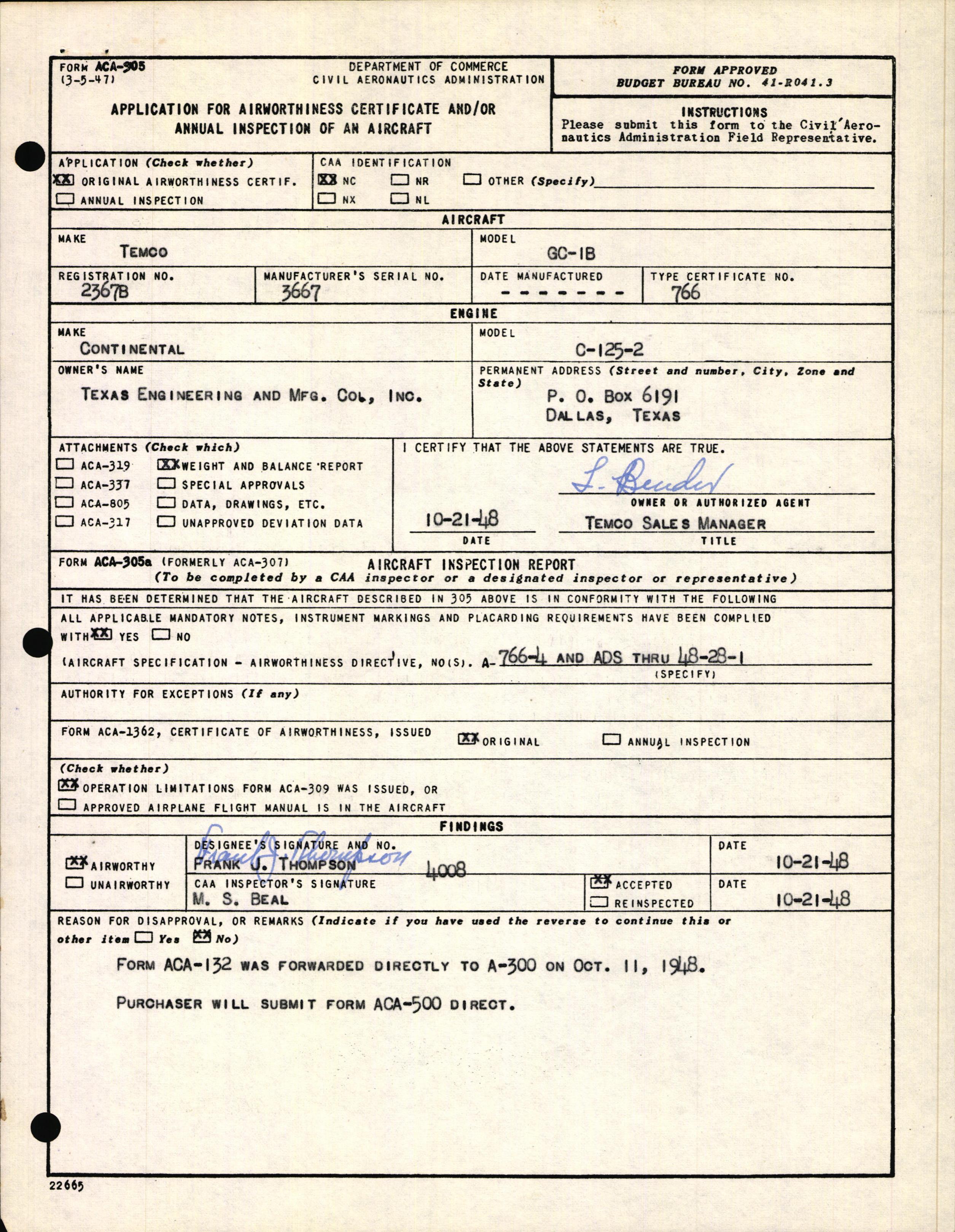 Sample page 1 from AirCorps Library document: Technical Information for Serial Number 3667