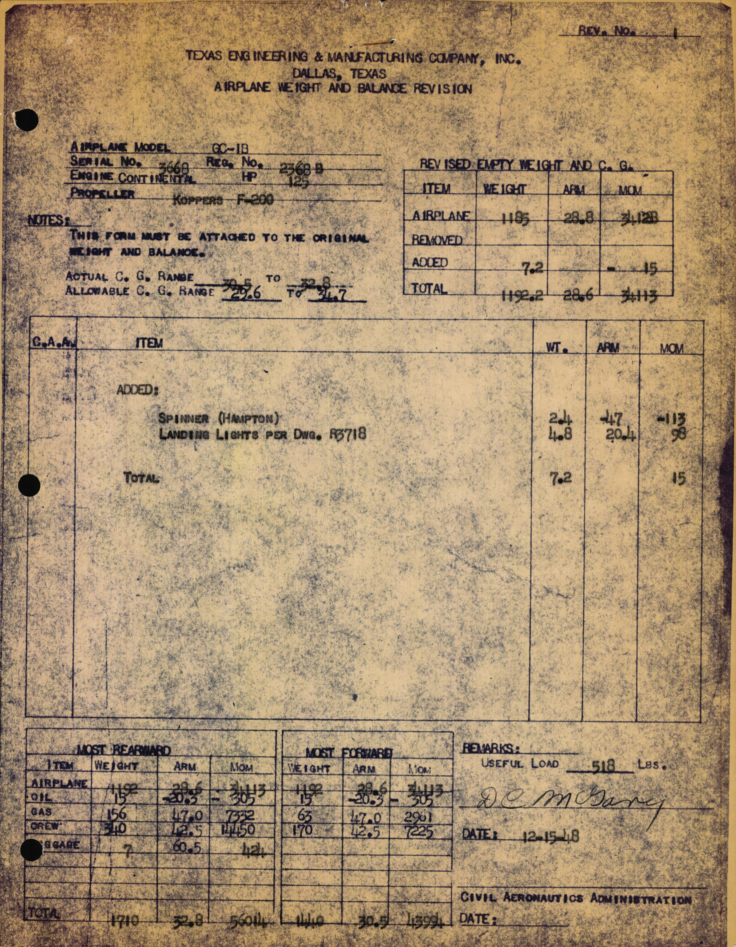 Sample page 1 from AirCorps Library document: Technical Information for Serial Number 3668