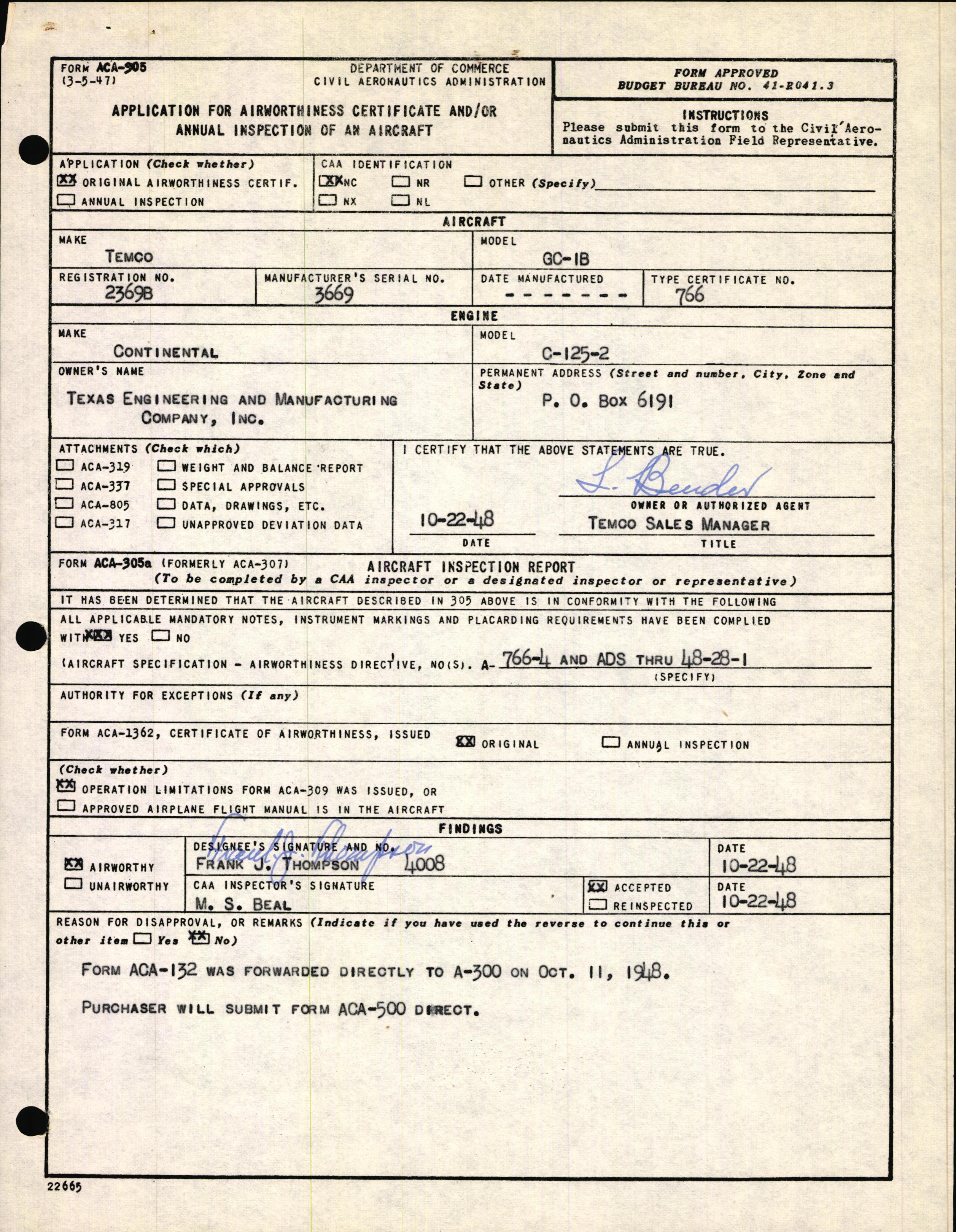 Sample page 1 from AirCorps Library document: Technical Information for Serial Number 3669