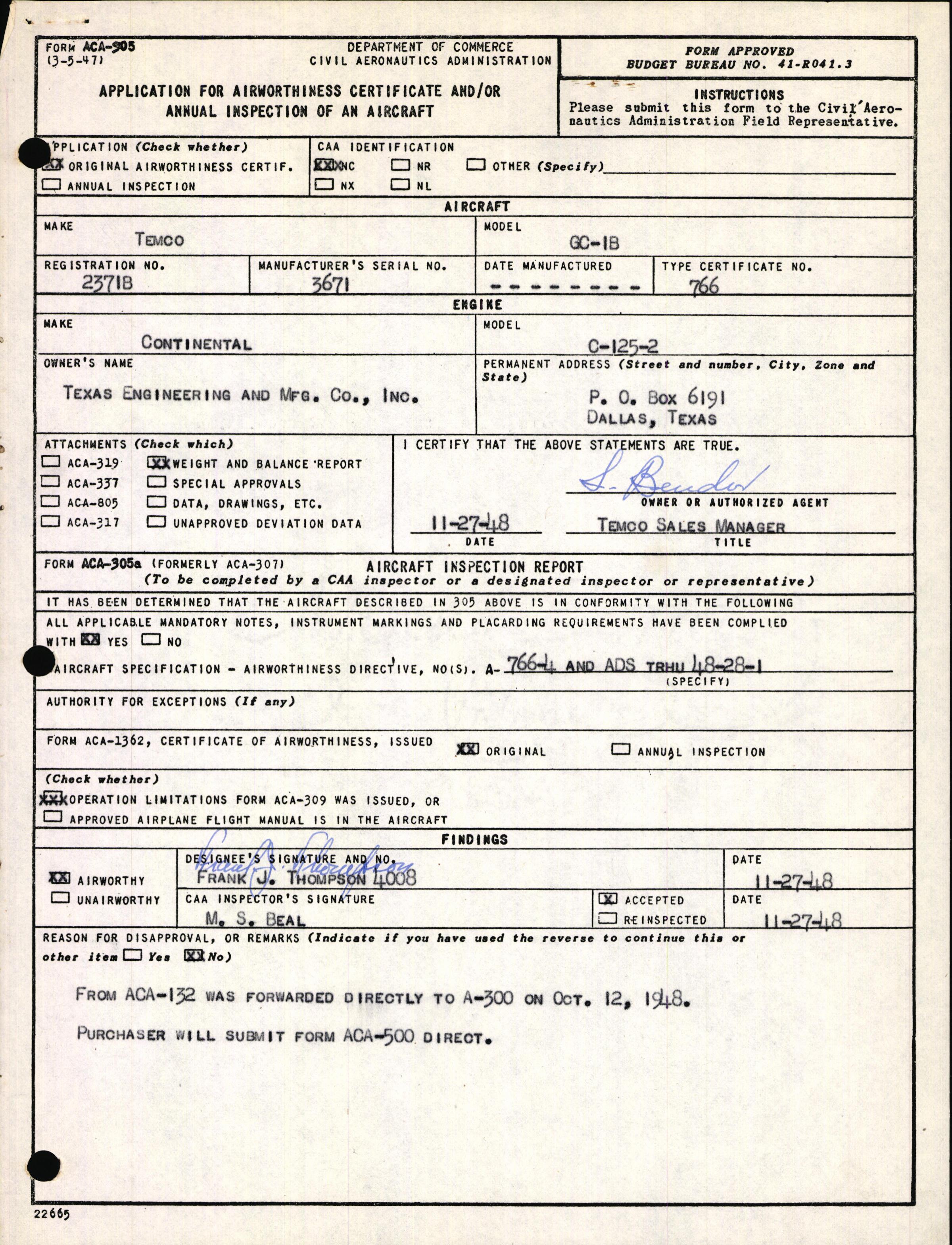 Sample page 1 from AirCorps Library document: Technical Information for Serial Number 3671