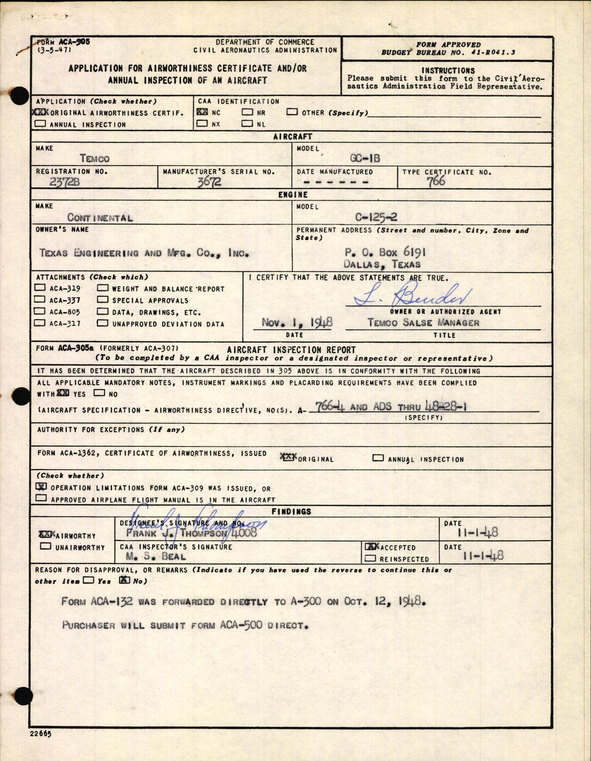 Sample page 1 from AirCorps Library document: Technical Information for Serial Number 3672