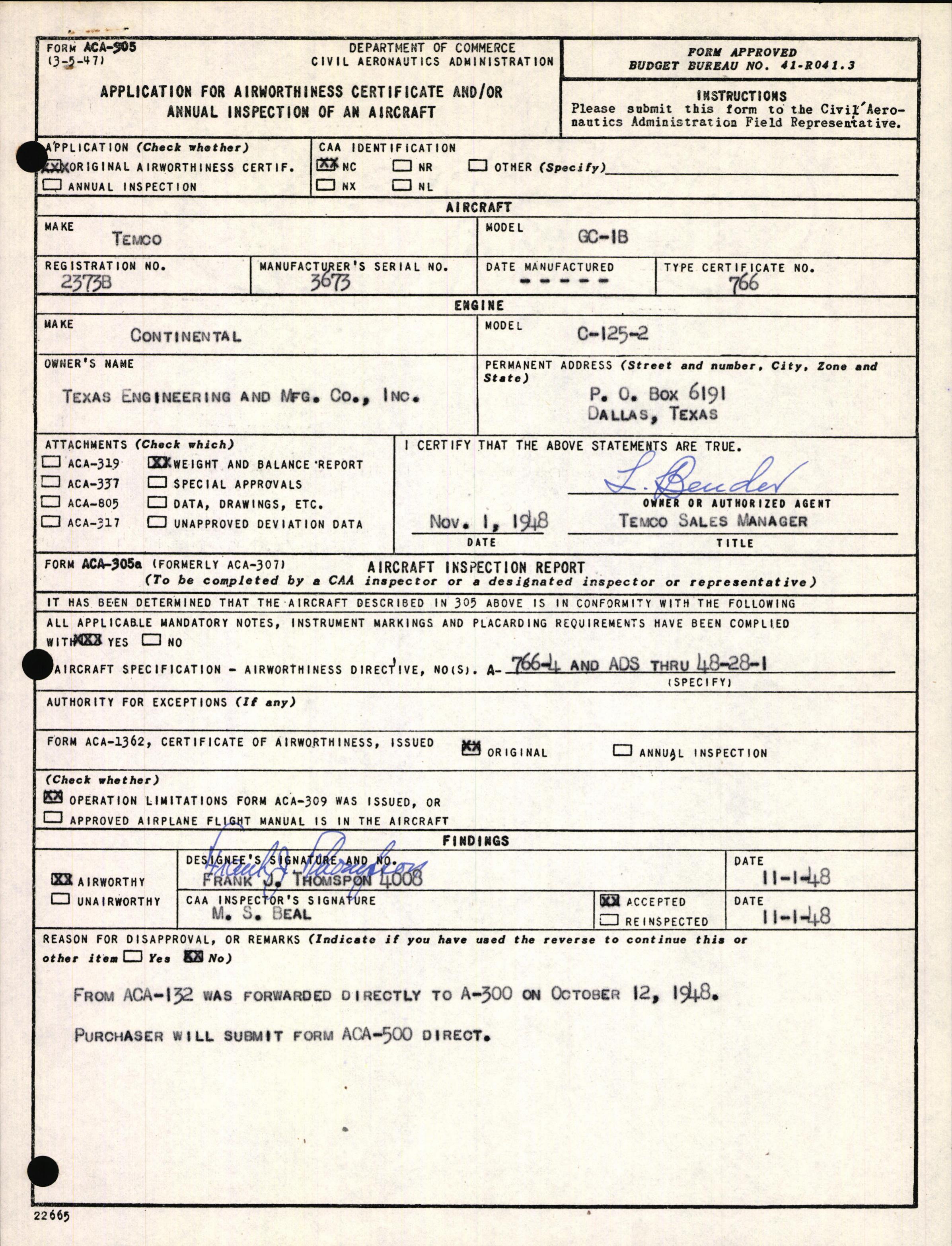 Sample page 1 from AirCorps Library document: Technical Information for Serial Number 3673