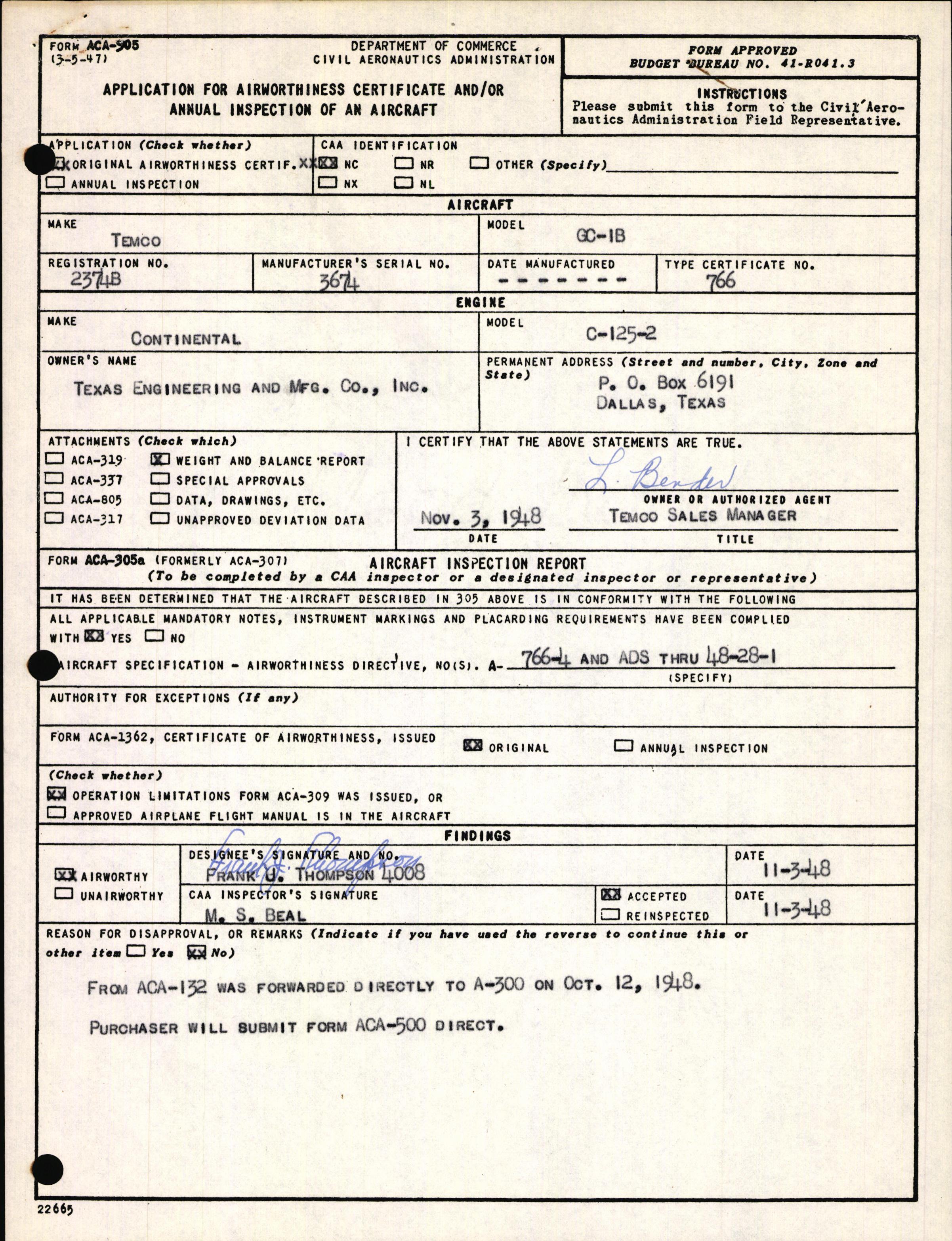 Sample page 1 from AirCorps Library document: Technical Information for Serial Number 3674