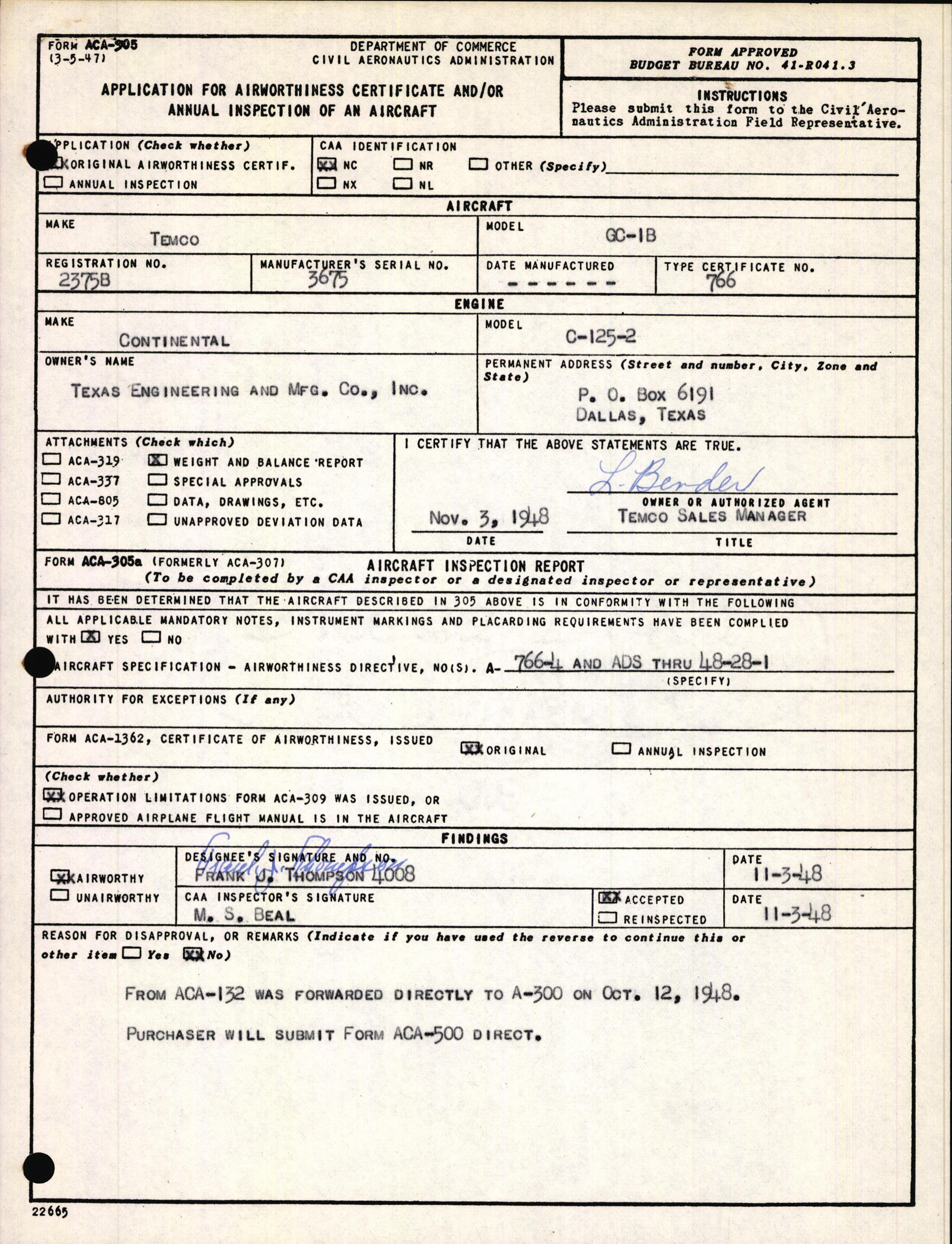 Sample page 1 from AirCorps Library document: Technical Information for Serial Number 3675