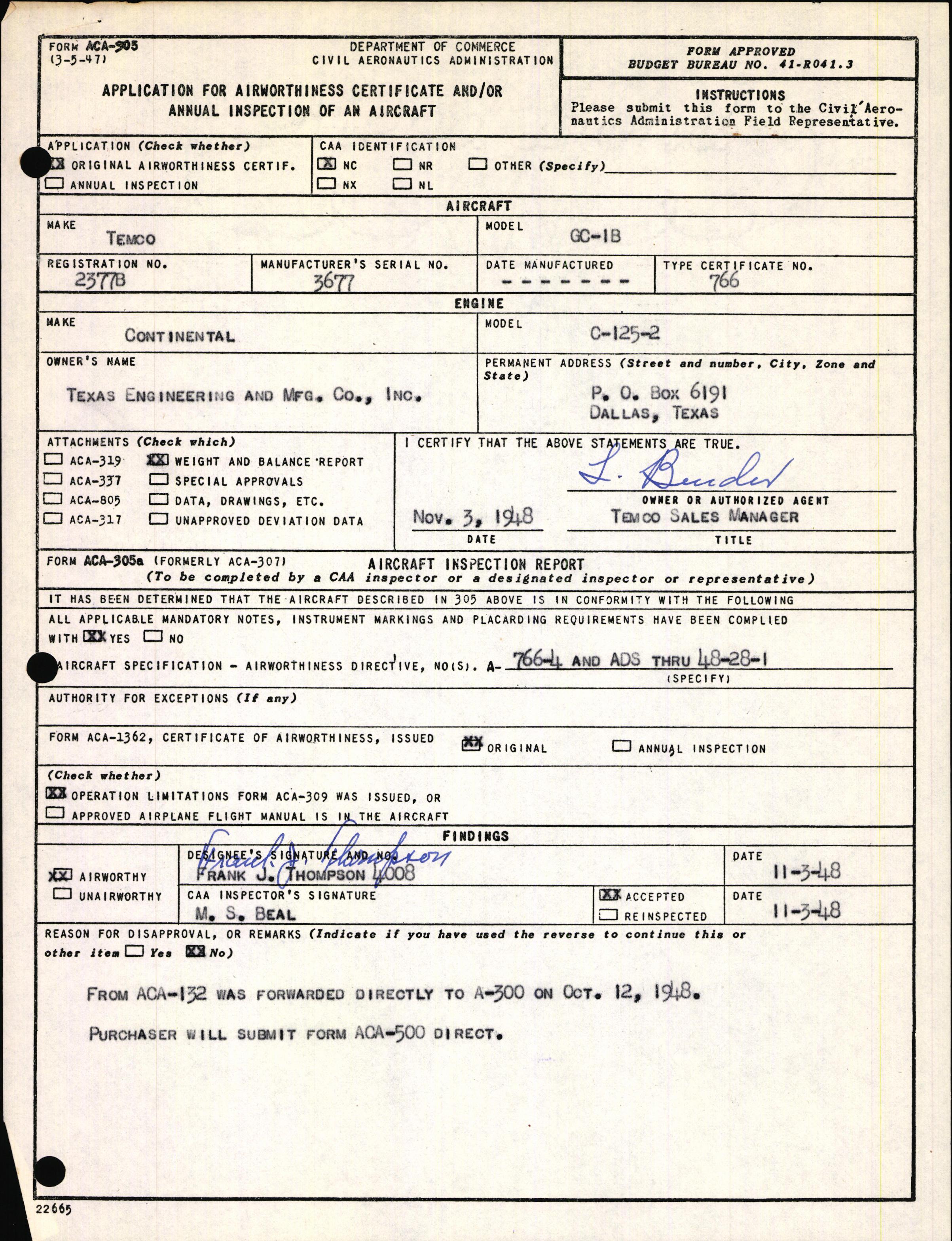 Sample page 1 from AirCorps Library document: Technical Information for Serial Number 3677