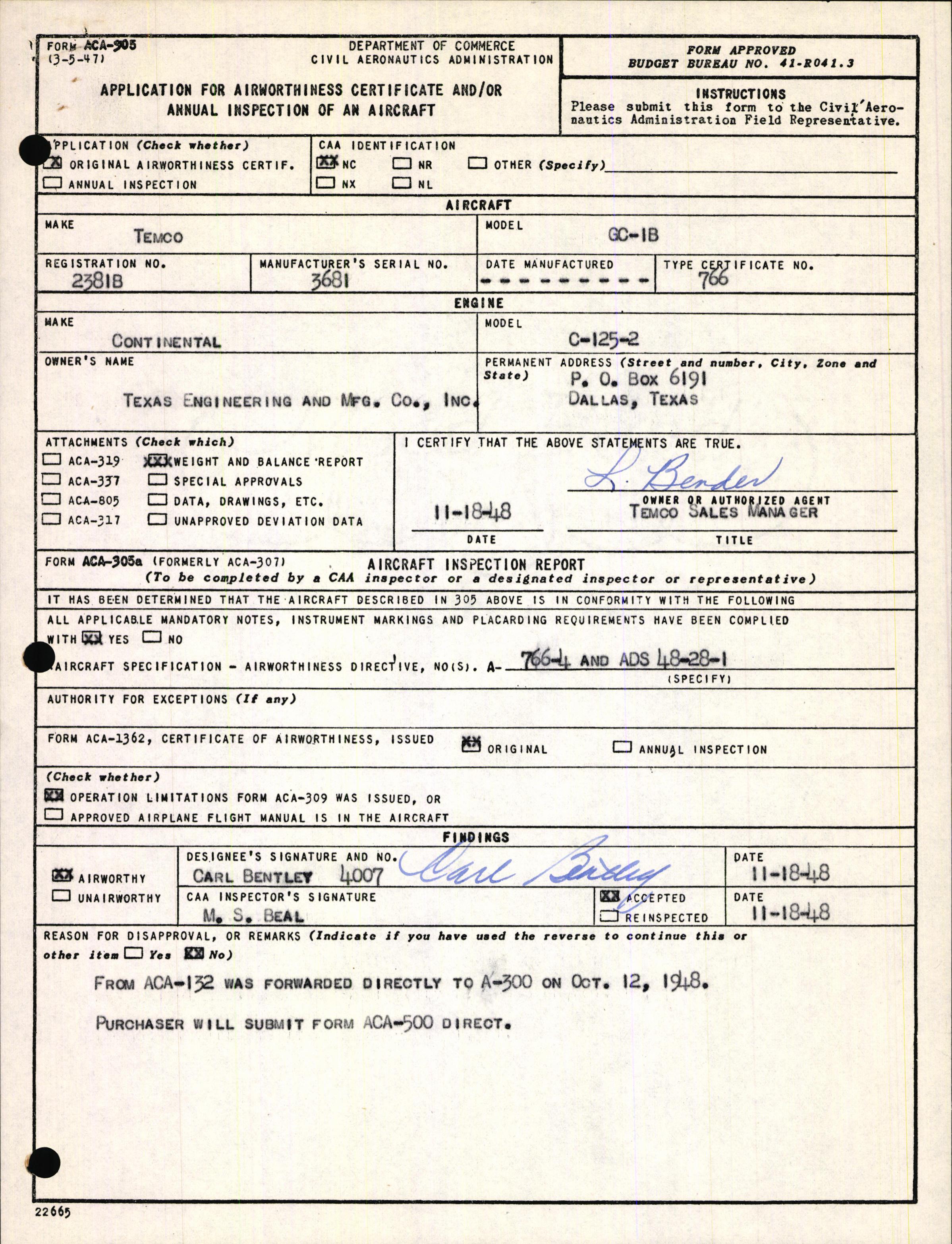 Sample page 1 from AirCorps Library document: Technical Information for Serial Number 3681