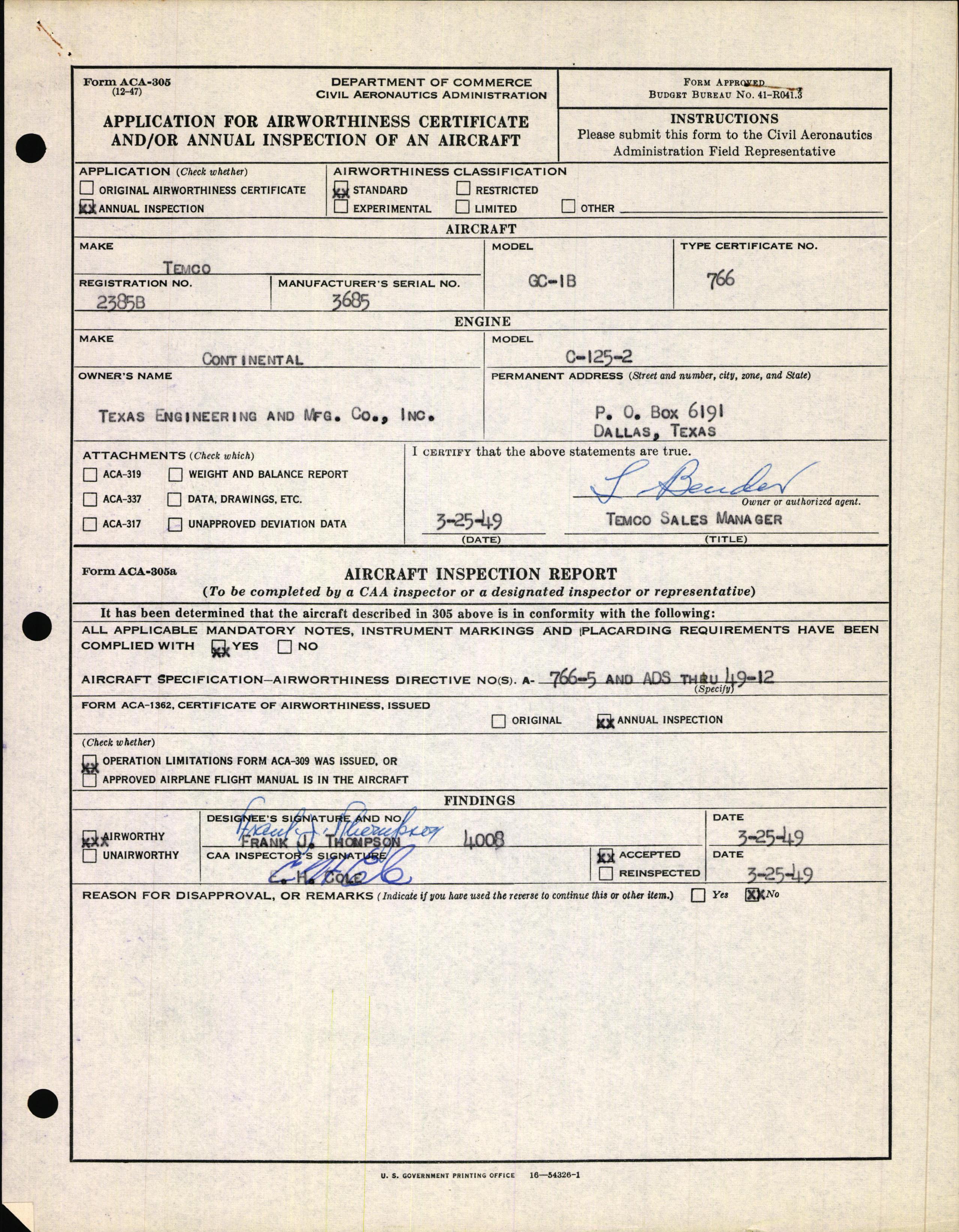 Sample page 1 from AirCorps Library document: Technical Information for Serial Number 3685