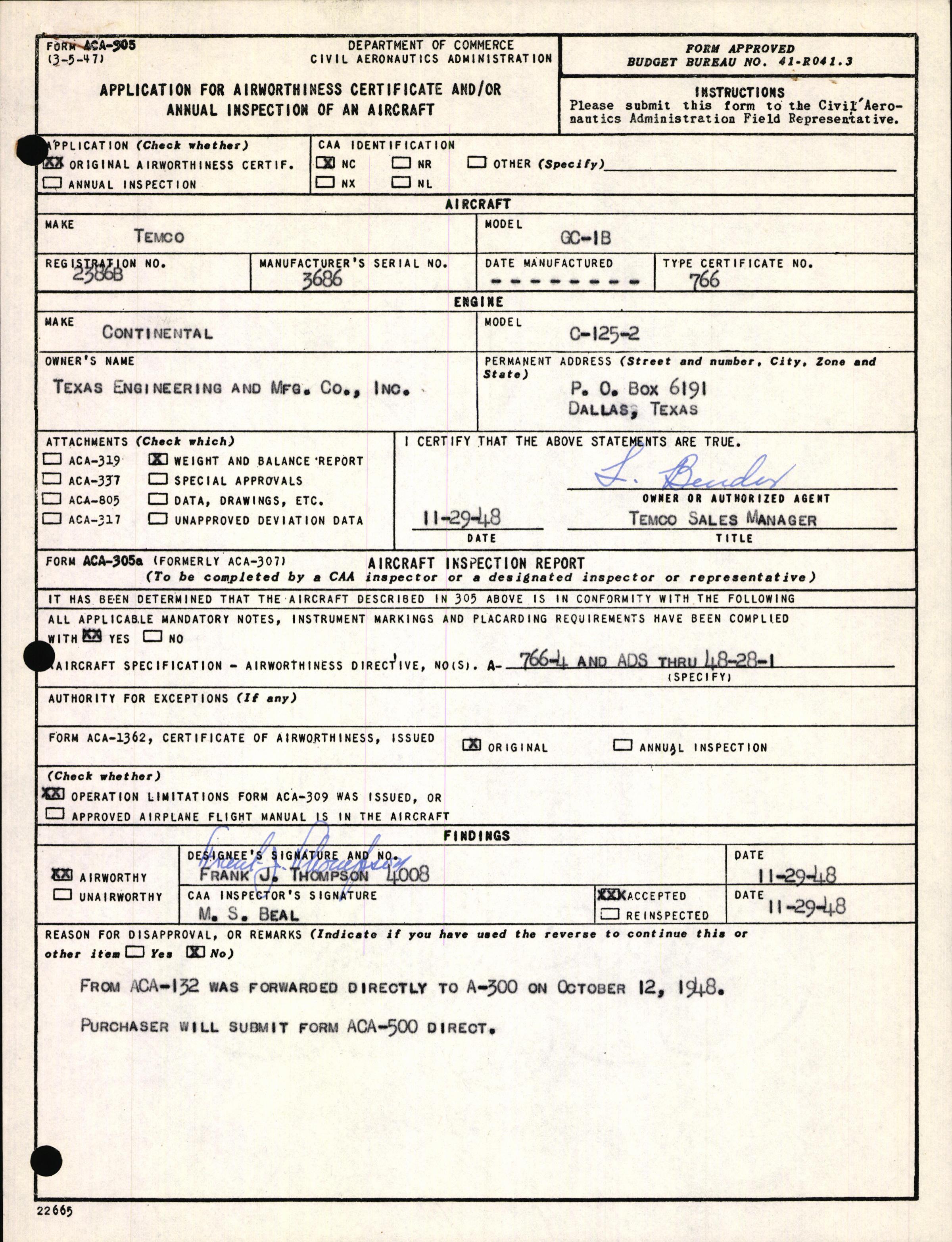 Sample page 1 from AirCorps Library document: Technical Information for Serial Number 3686