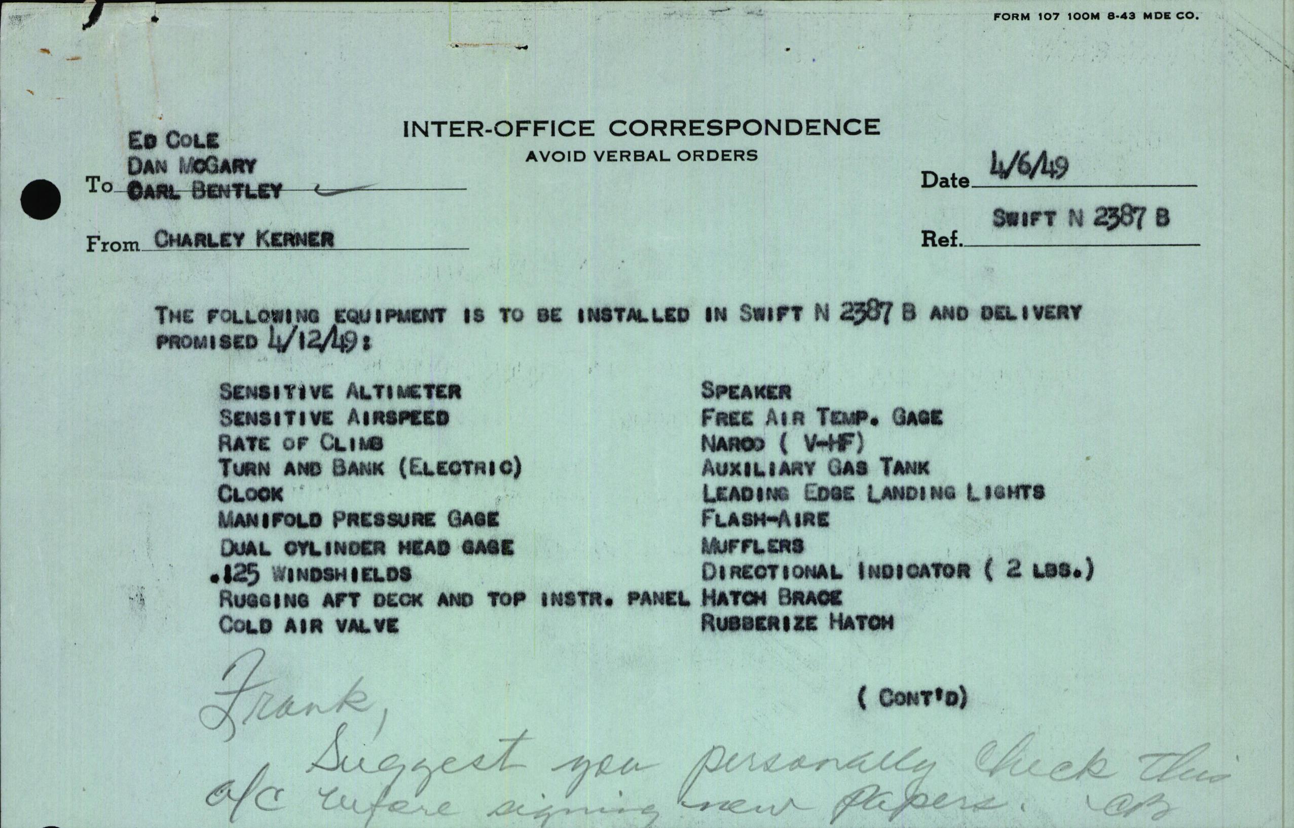 Sample page 1 from AirCorps Library document: Technical Information for Serial Number 3687
