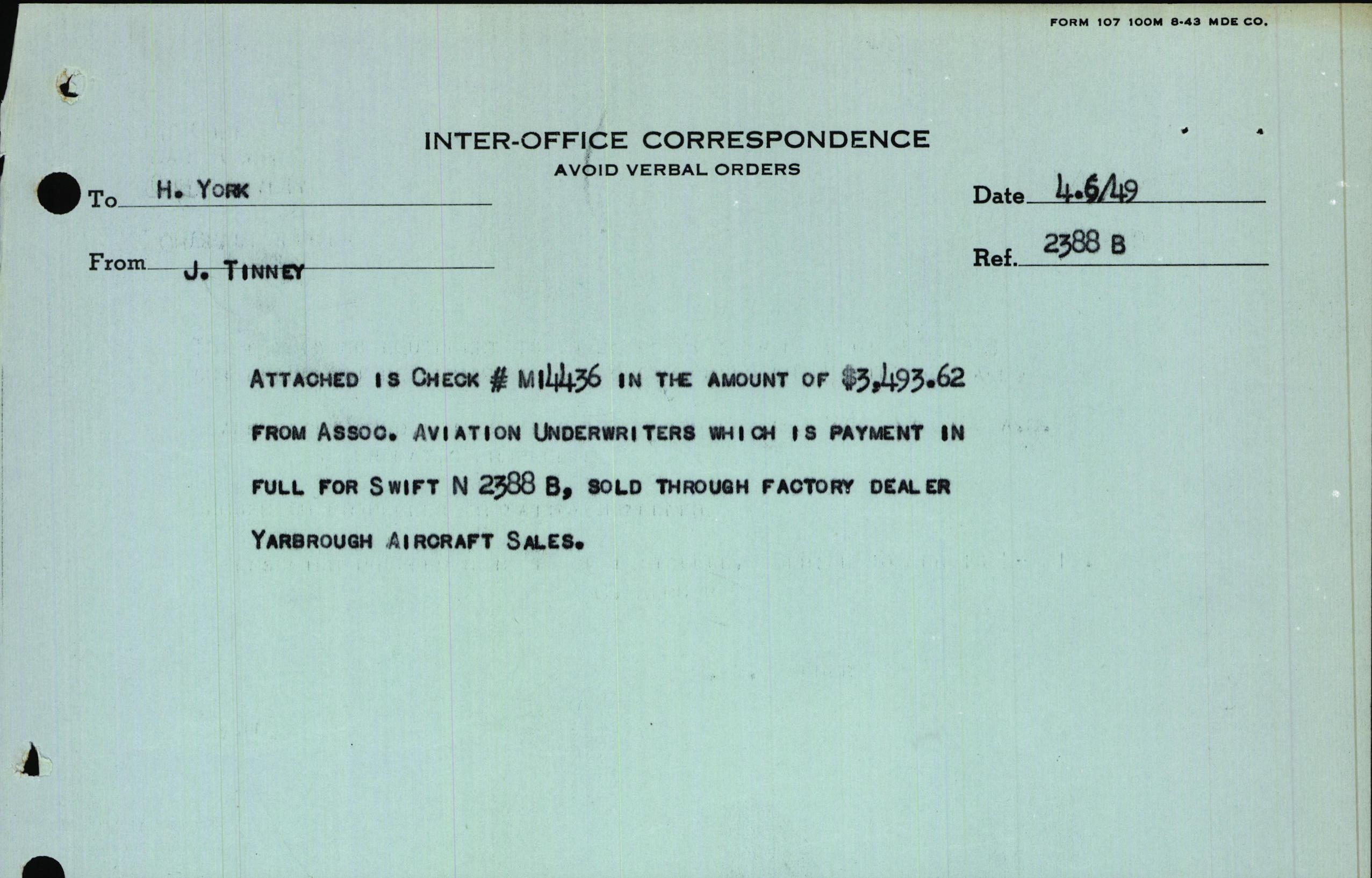 Sample page 1 from AirCorps Library document: Technical Information for Serial Number 3688