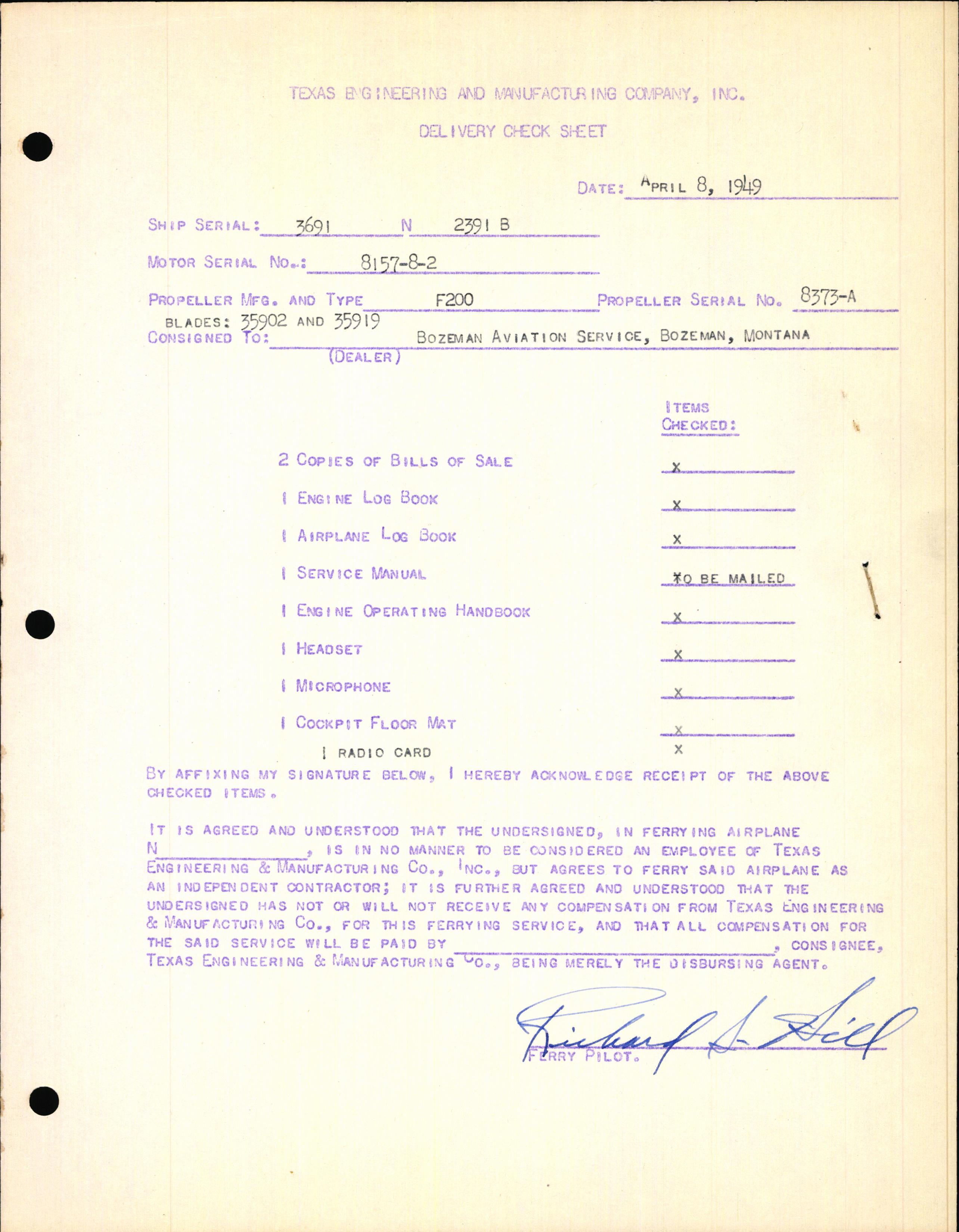 Sample page 1 from AirCorps Library document: Technical Information for Serial Number 3691