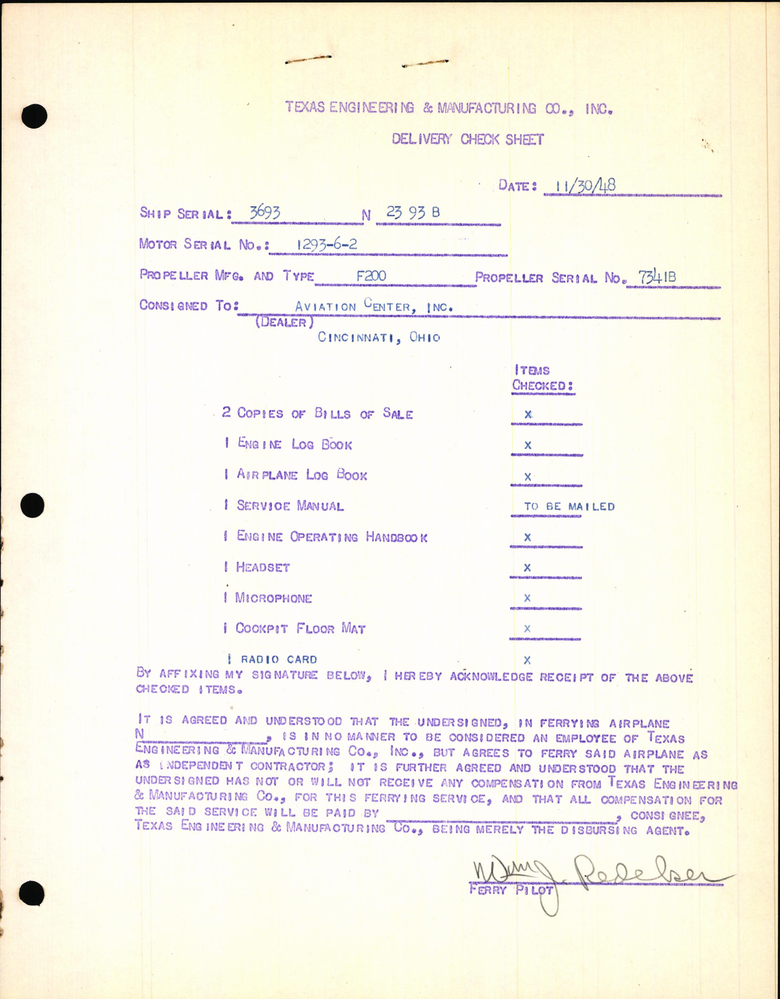 Sample page 1 from AirCorps Library document: Technical Information for Serial Number 3693