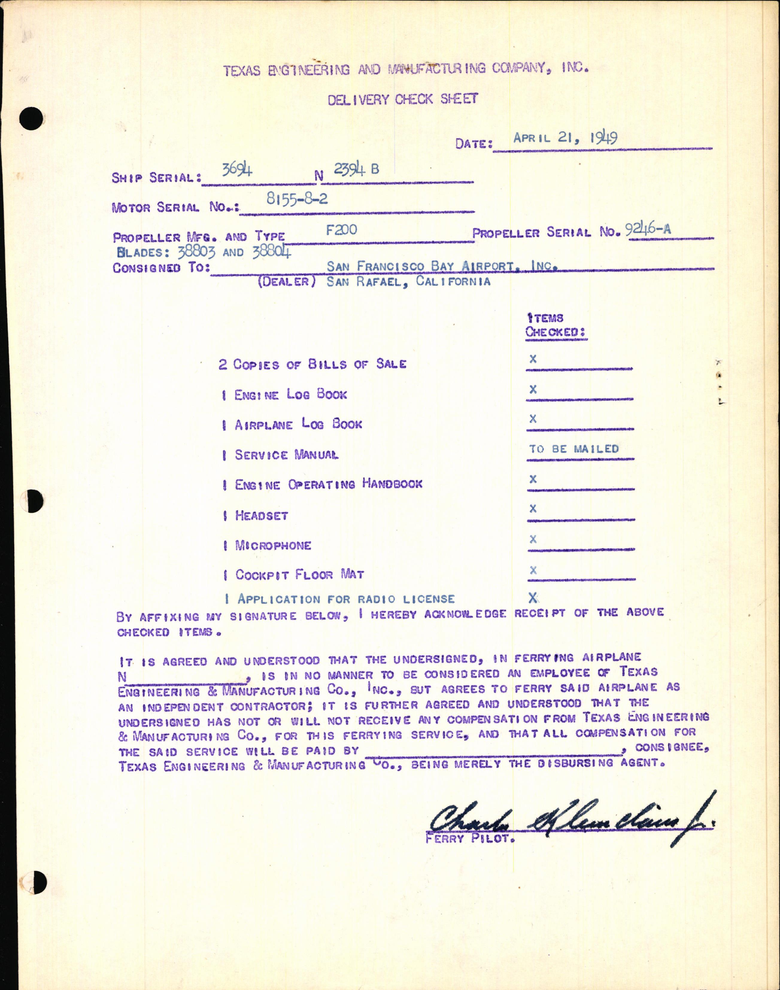 Sample page 1 from AirCorps Library document: Technical Information for Serial Number 3694