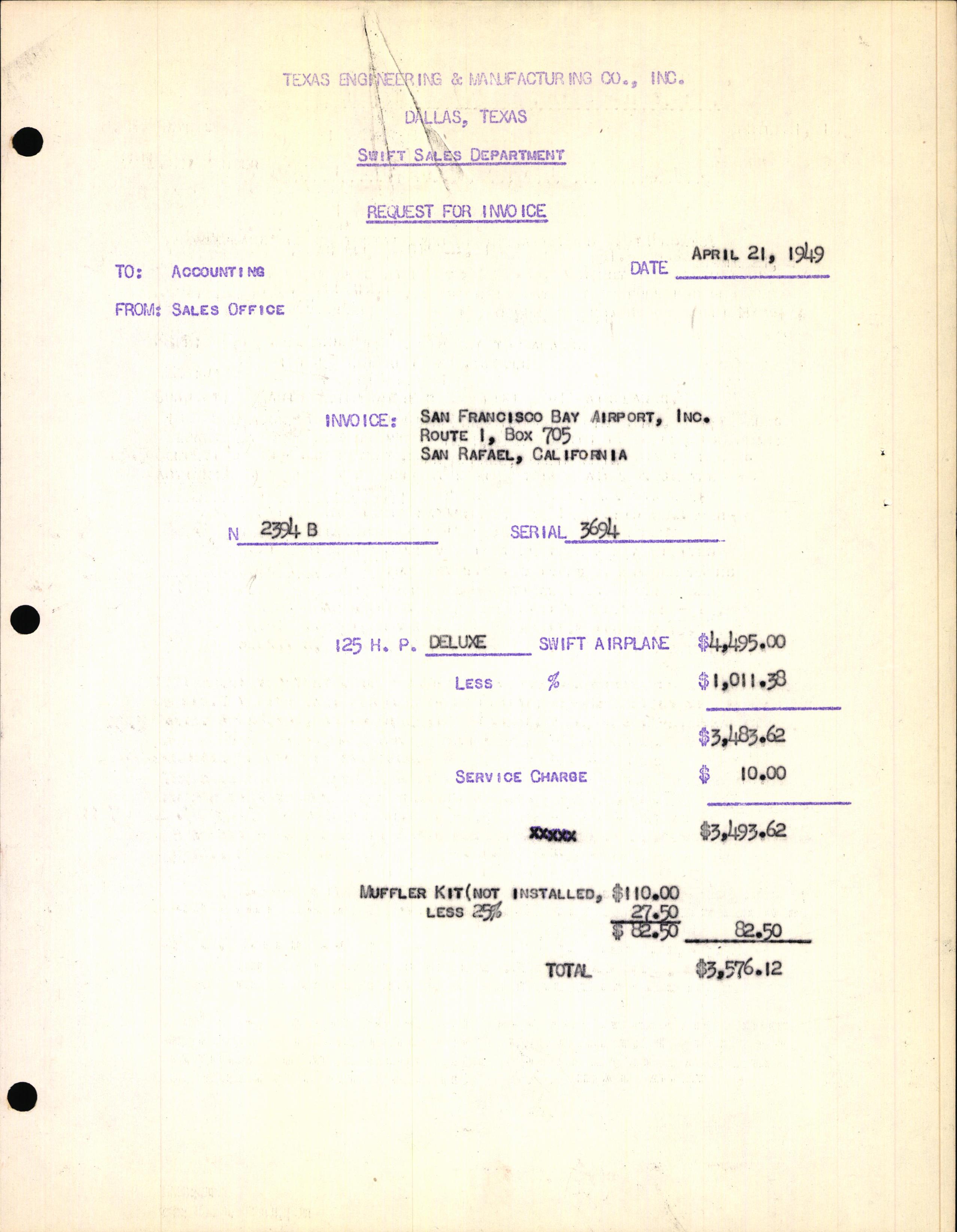 Sample page 3 from AirCorps Library document: Technical Information for Serial Number 3694
