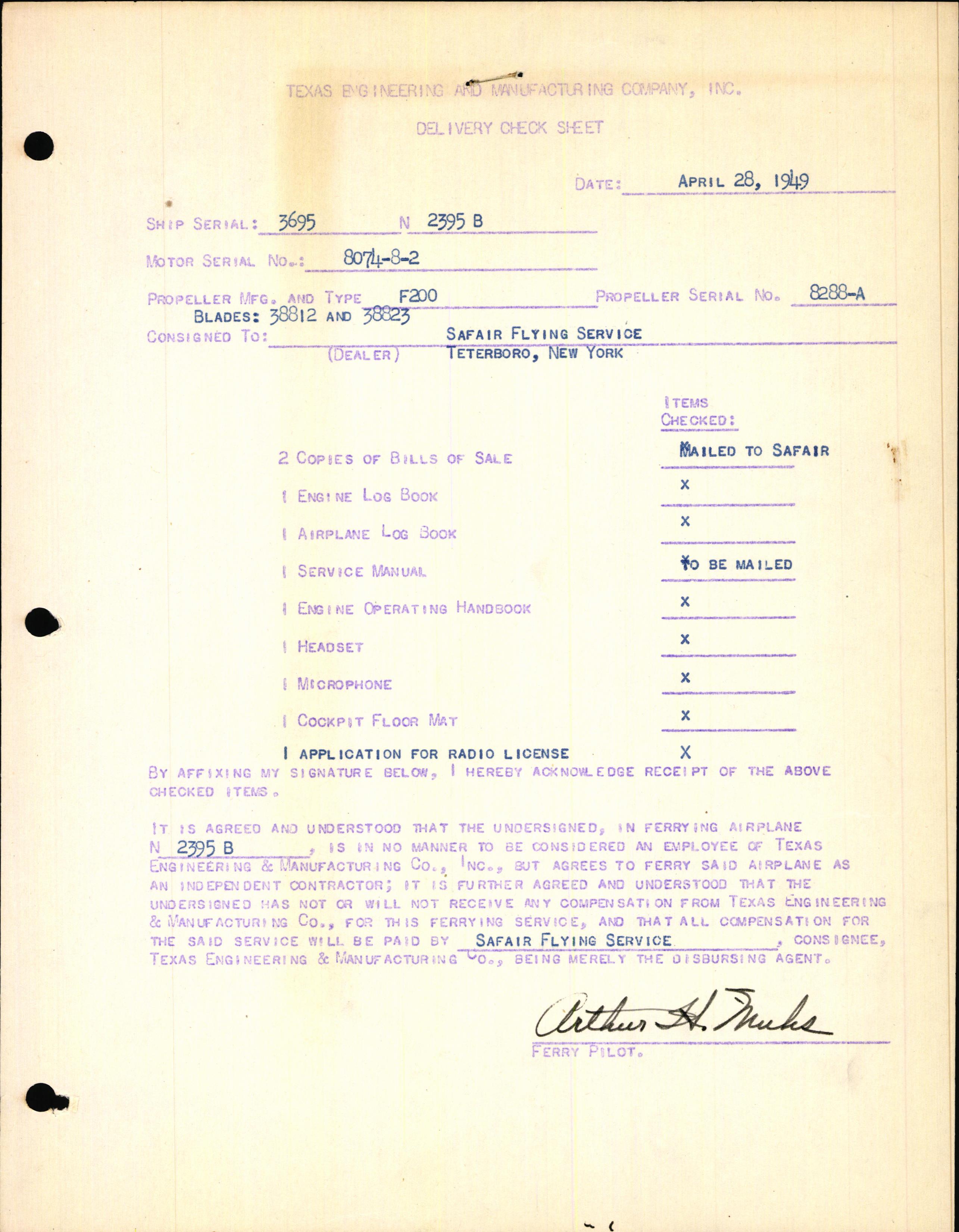 Sample page 1 from AirCorps Library document: Technical Information for Serial Number 3695