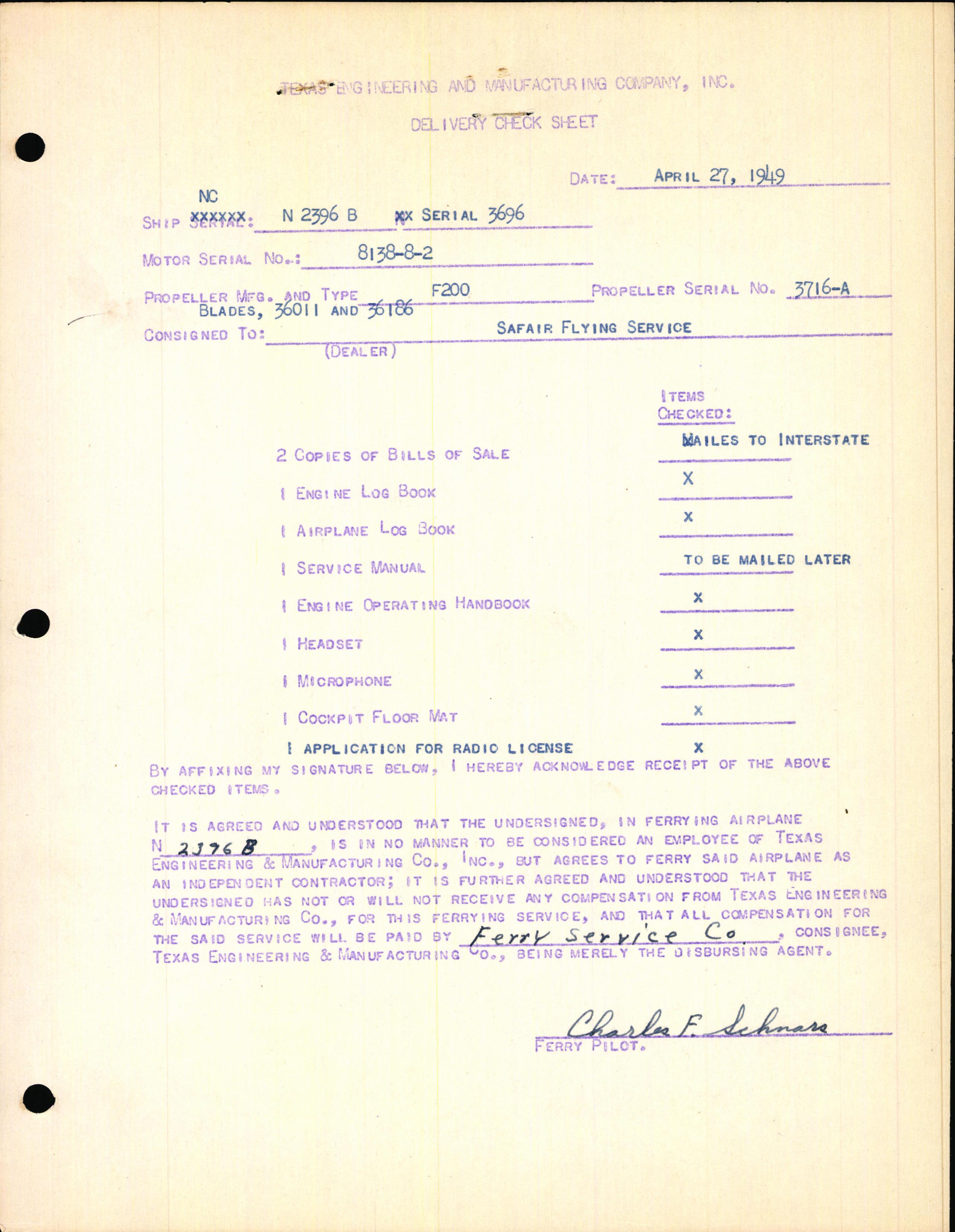 Sample page 1 from AirCorps Library document: Technical Information for Serial Number 3696