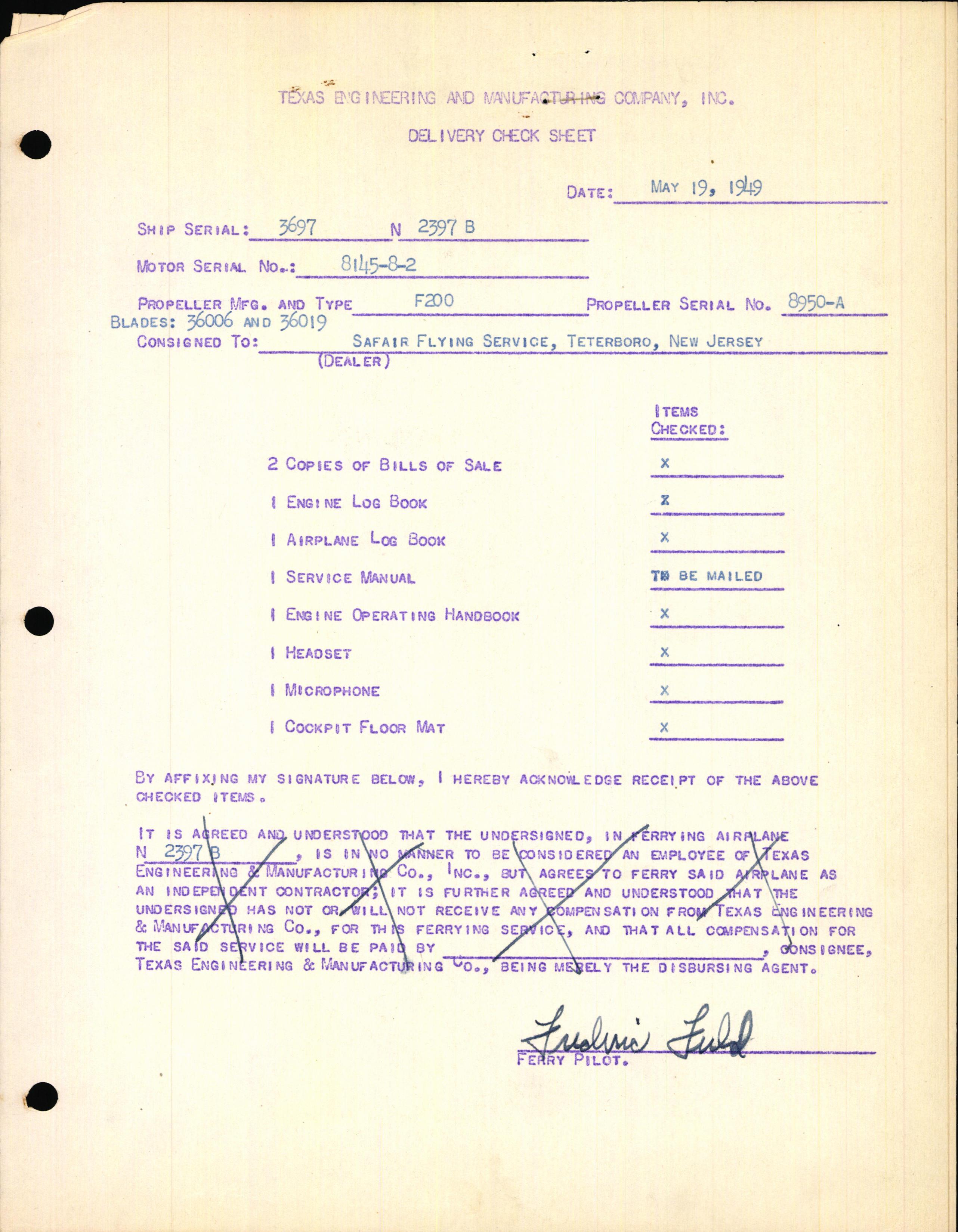 Sample page 1 from AirCorps Library document: Technical Information for Serial Number 3697