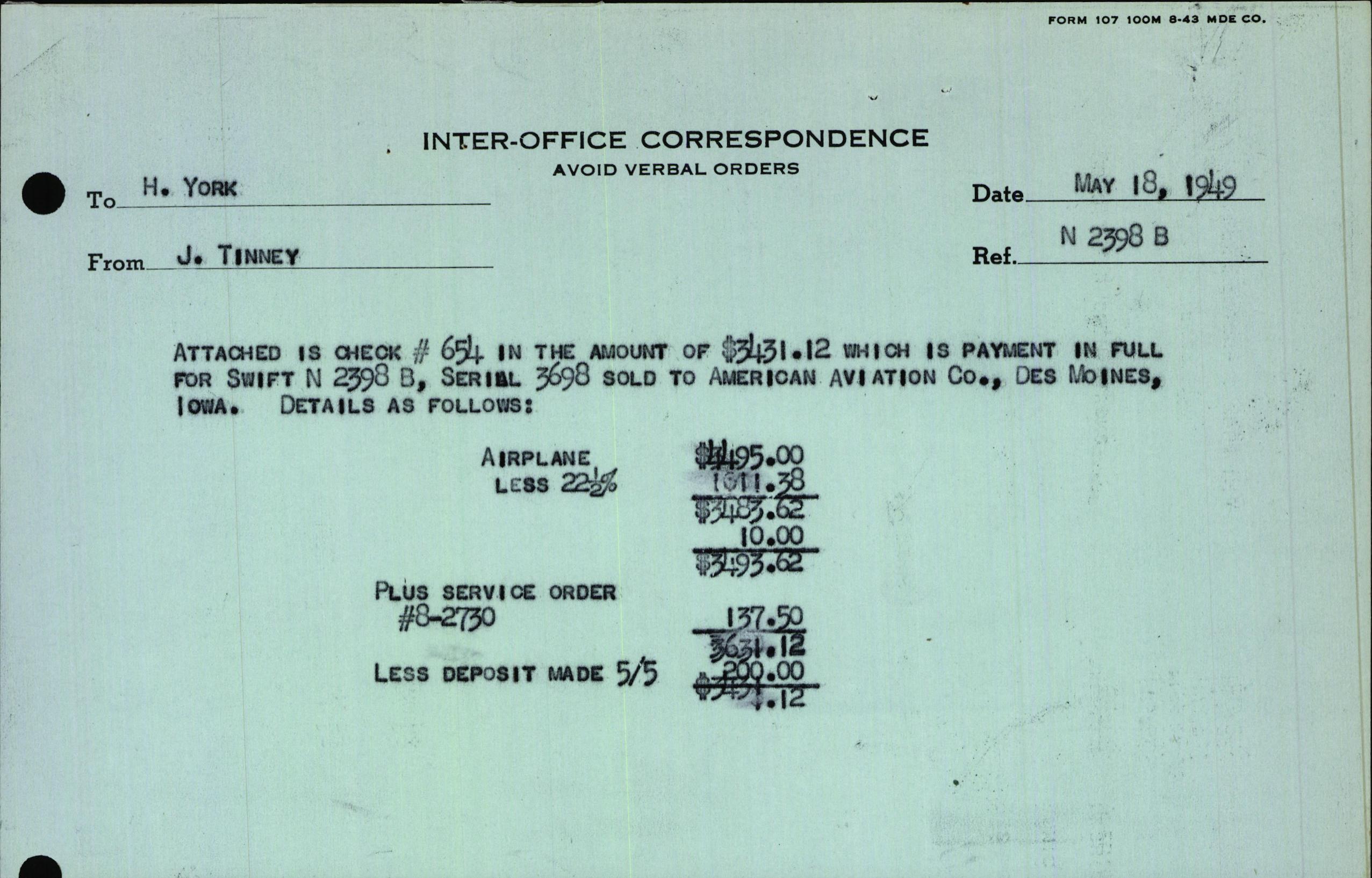 Sample page 1 from AirCorps Library document: Technical Information for Serial Number 3698