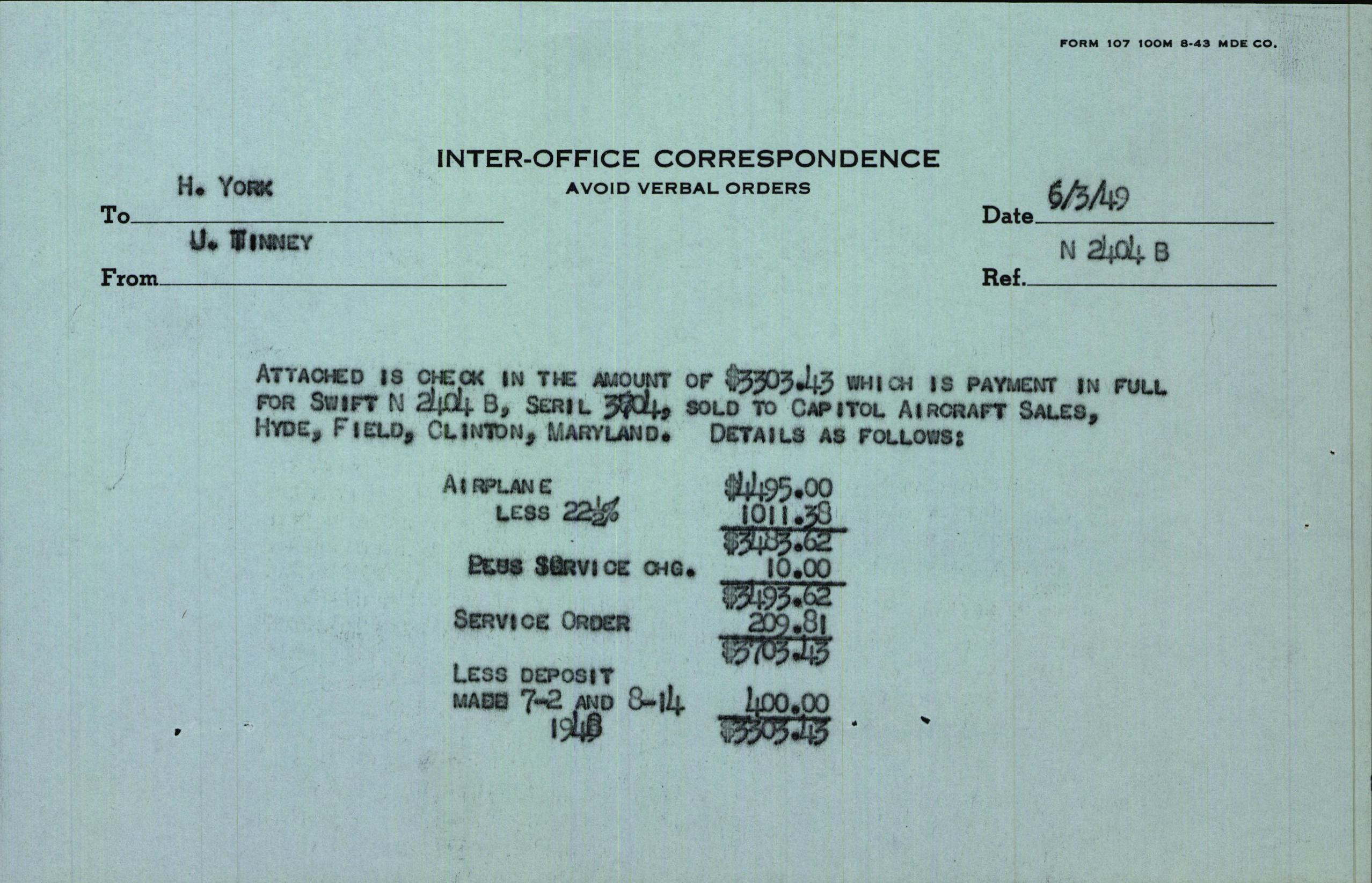 Sample page 1 from AirCorps Library document: Technical Information for Serial Number 3704