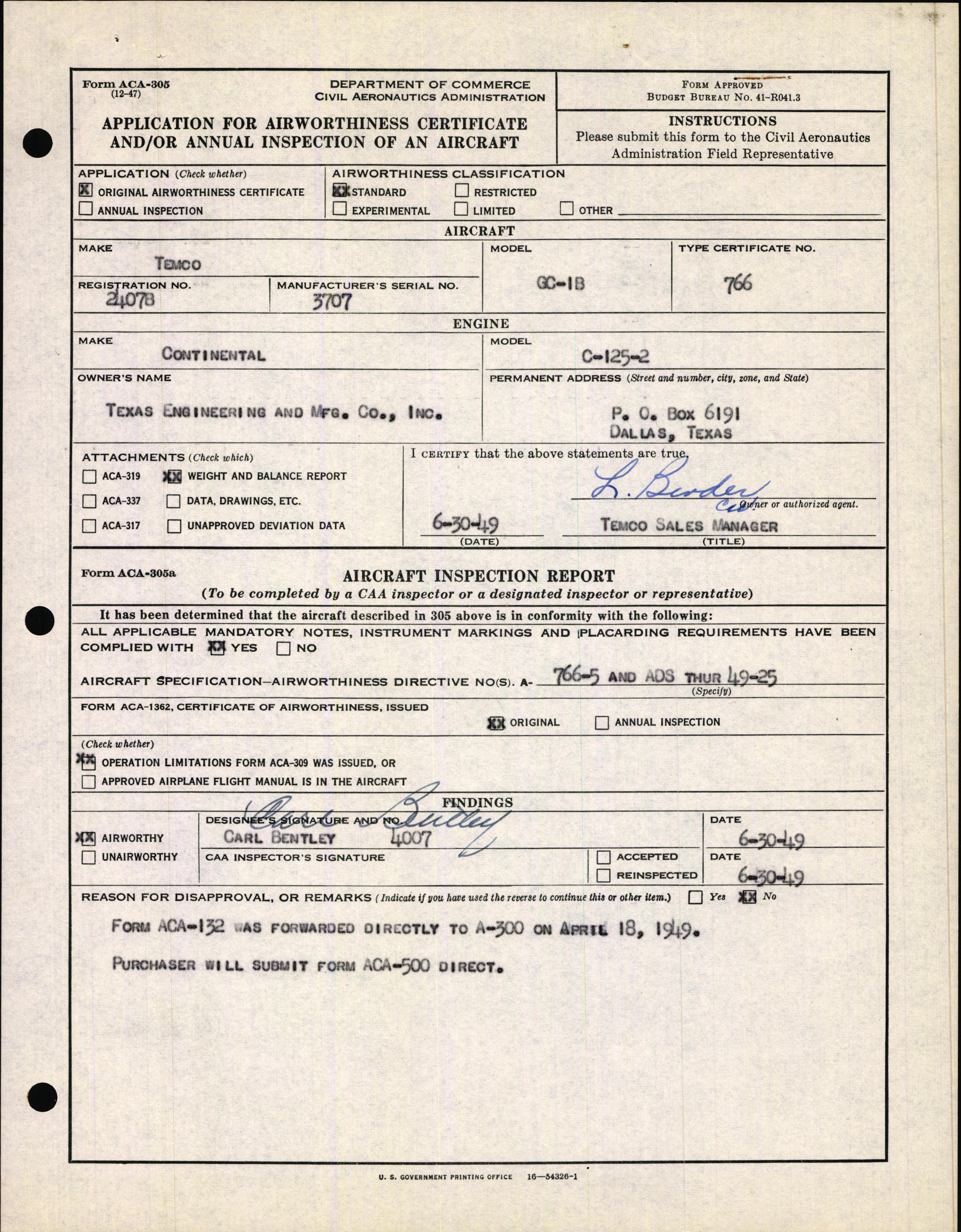 Sample page 1 from AirCorps Library document: Technical Information for Serial Number 3707