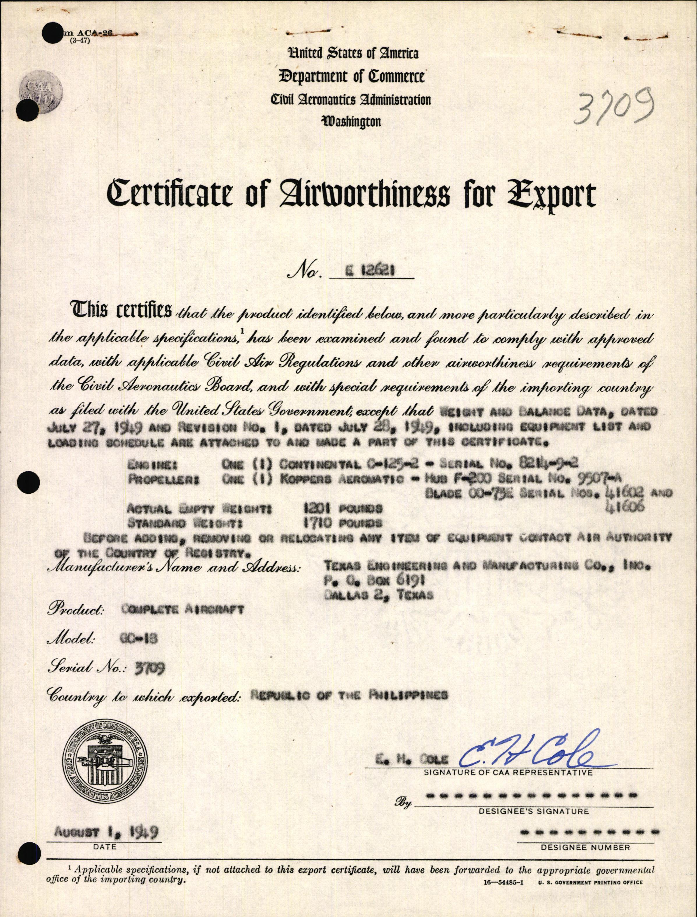 Sample page 1 from AirCorps Library document: Technical Information for Serial Number 3709