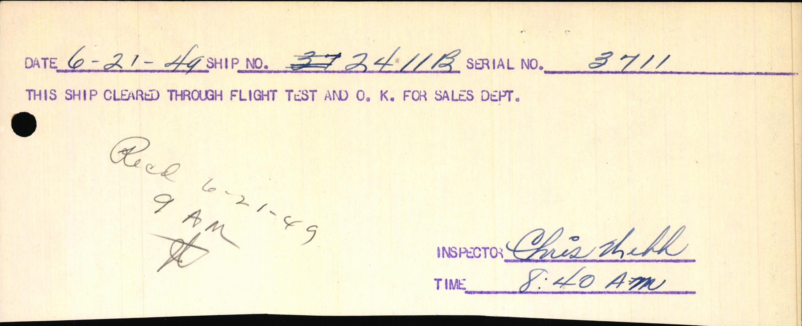 Sample page 1 from AirCorps Library document: Technical Information for Serial Number 3711